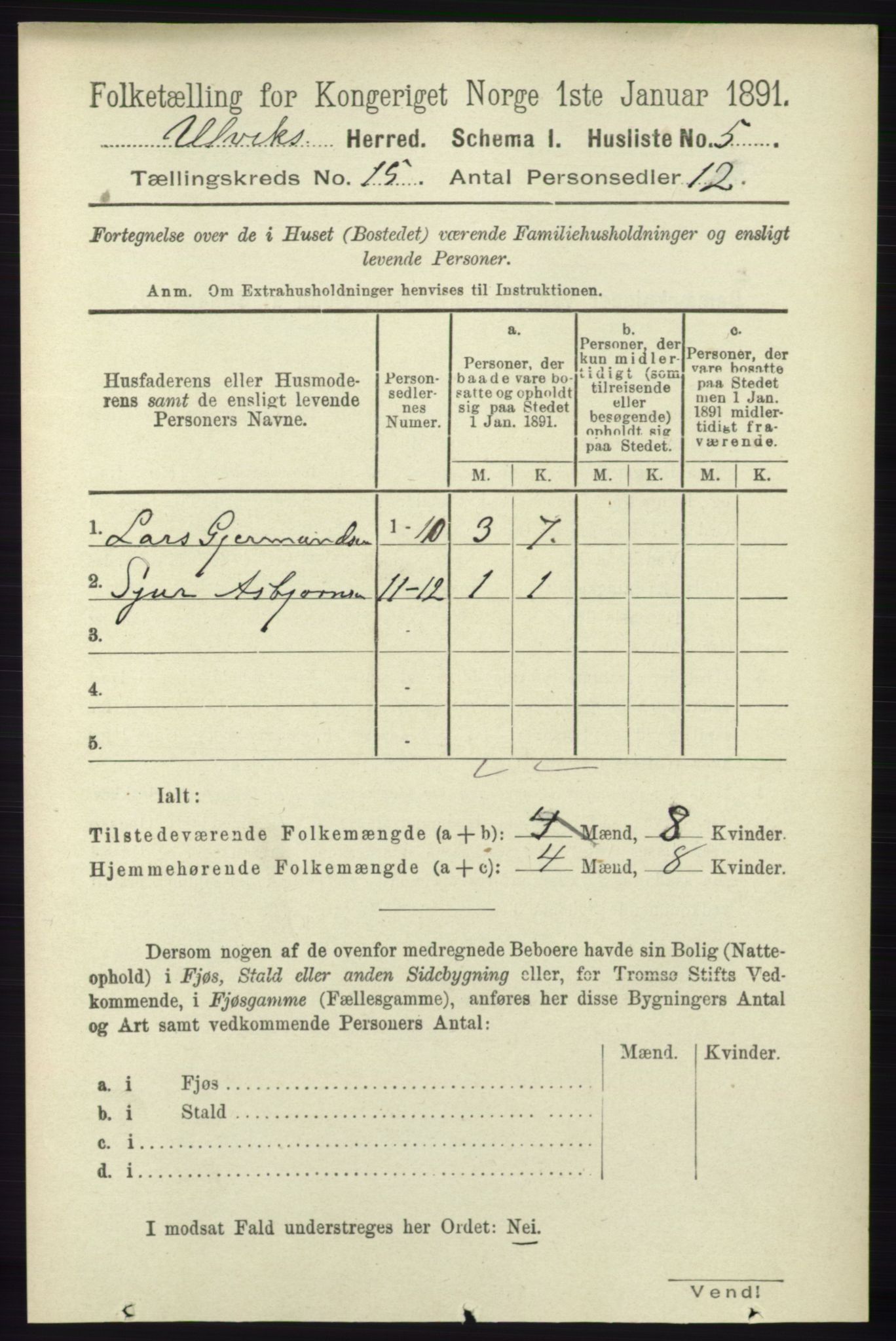 RA, 1891 census for 1233 Ulvik, 1891, p. 4584