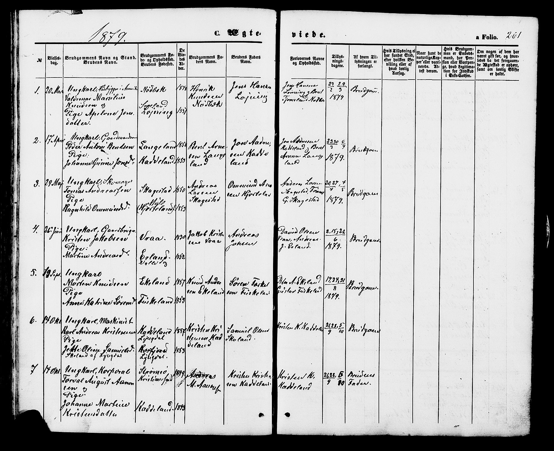 Holum sokneprestkontor, SAK/1111-0022/F/Fb/Fba/L0004: Parish register (copy) no. B 4, 1867-1890, p. 261