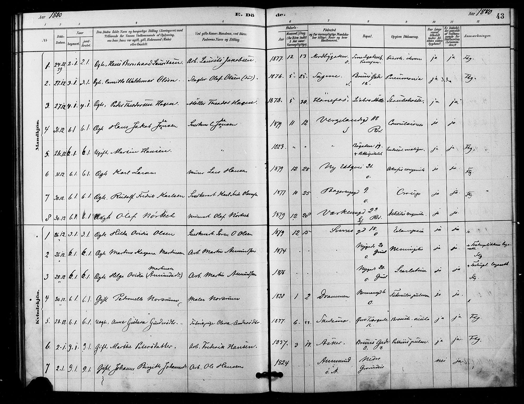 Østre Aker prestekontor Kirkebøker, AV/SAO-A-10840/F/Fa/L0006: Parish register (official) no. I 6, 1879-1882, p. 43