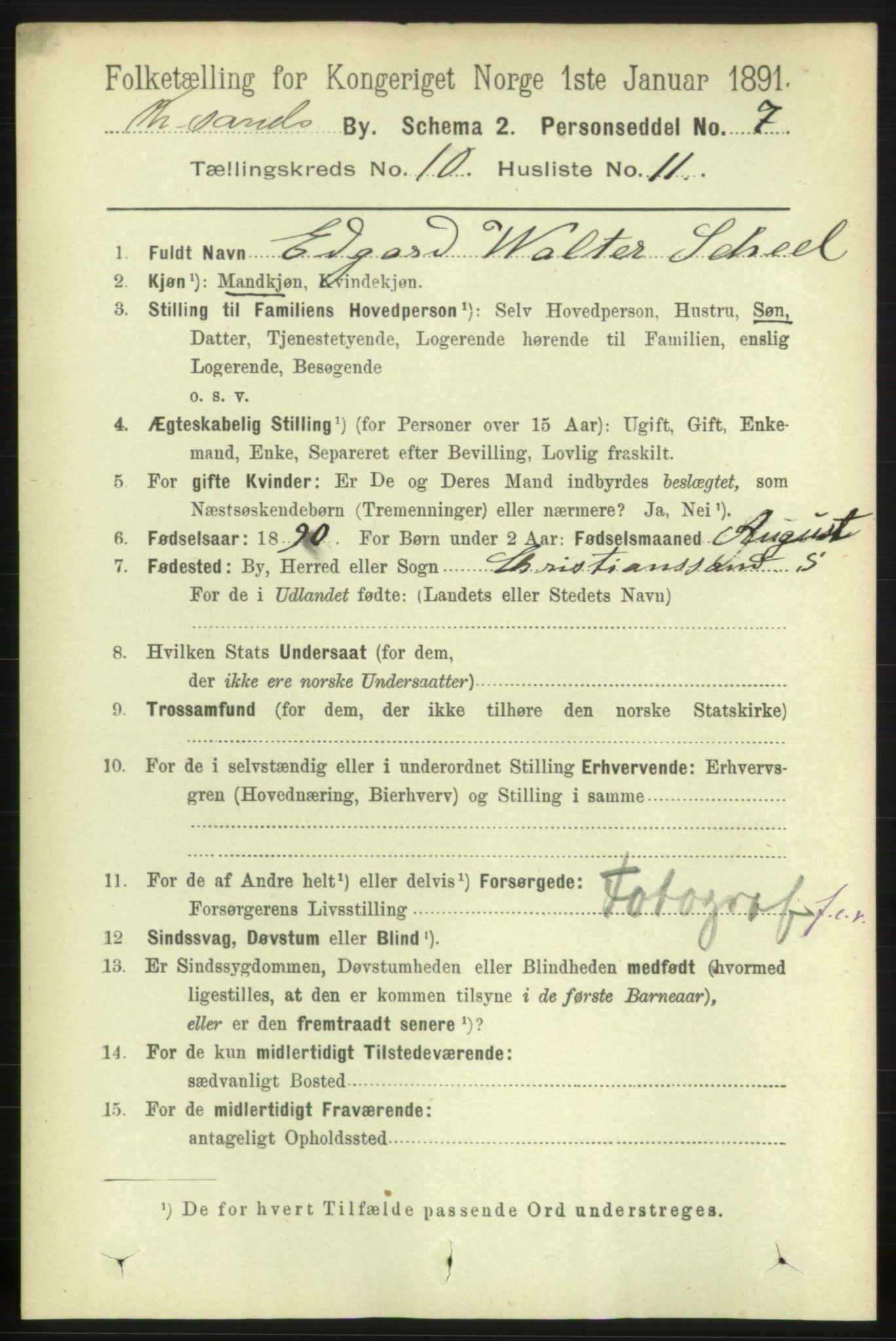 RA, 1891 census for 1001 Kristiansand, 1891, p. 5493