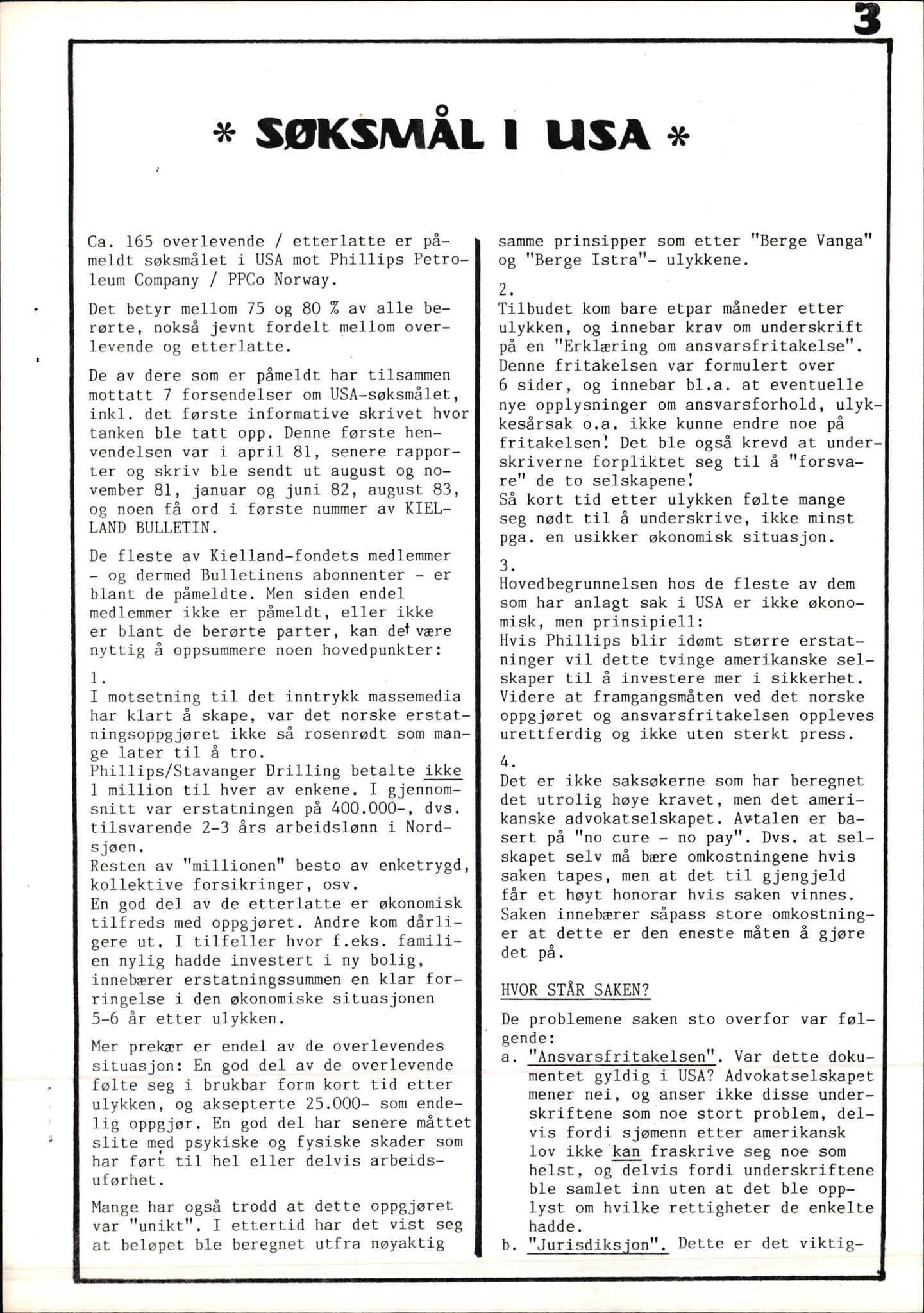 Pa 1660 - Kielland- fondet, AV/SAST-A-102242/X/Xa/L0001: Rapport til overlevende og etterlatte/ Kielland Bulletin, 1980-1998