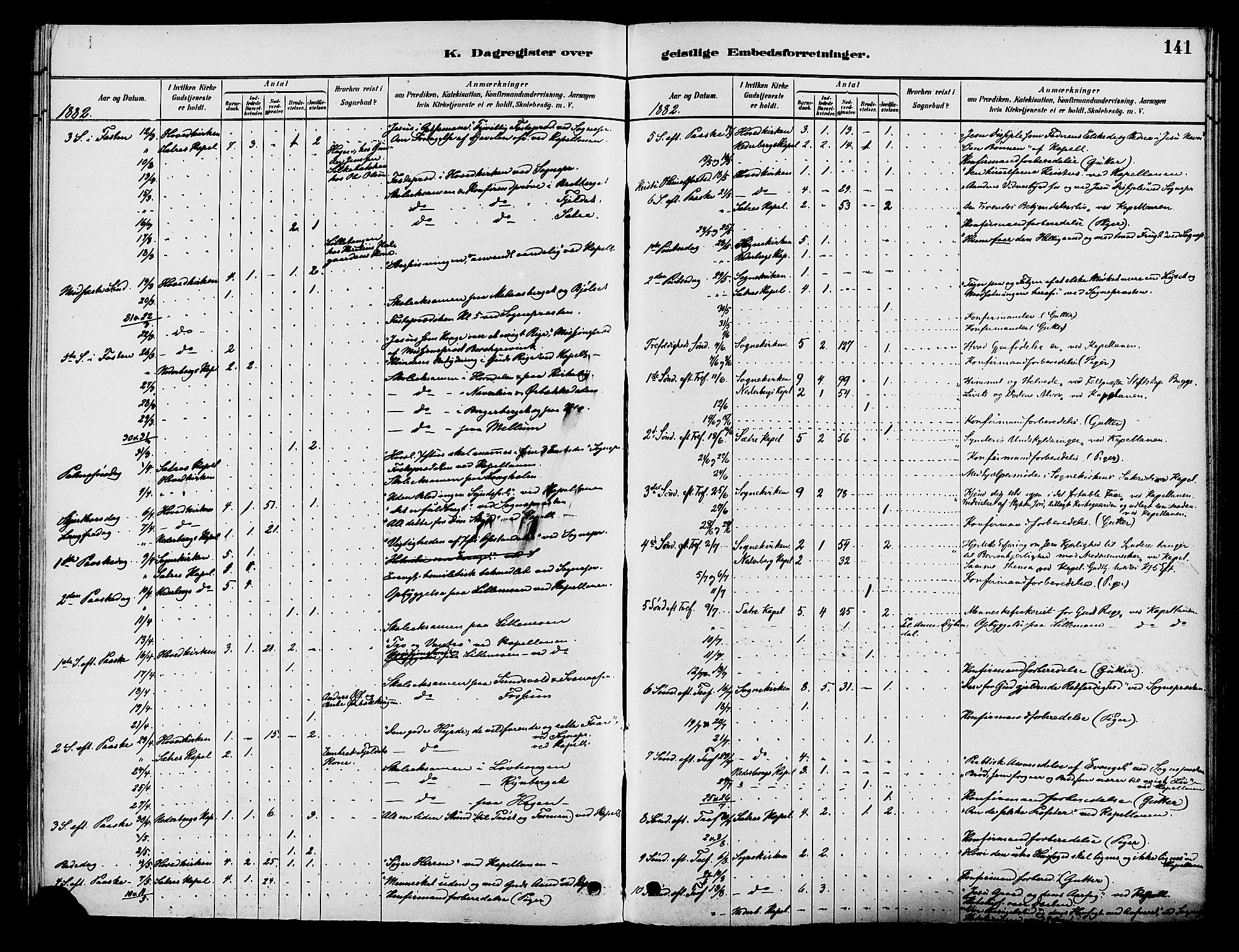 Elverum prestekontor, AV/SAH-PREST-044/H/Ha/Haa/L0012: Parish register (official) no. 12, 1880-1893, p. 141