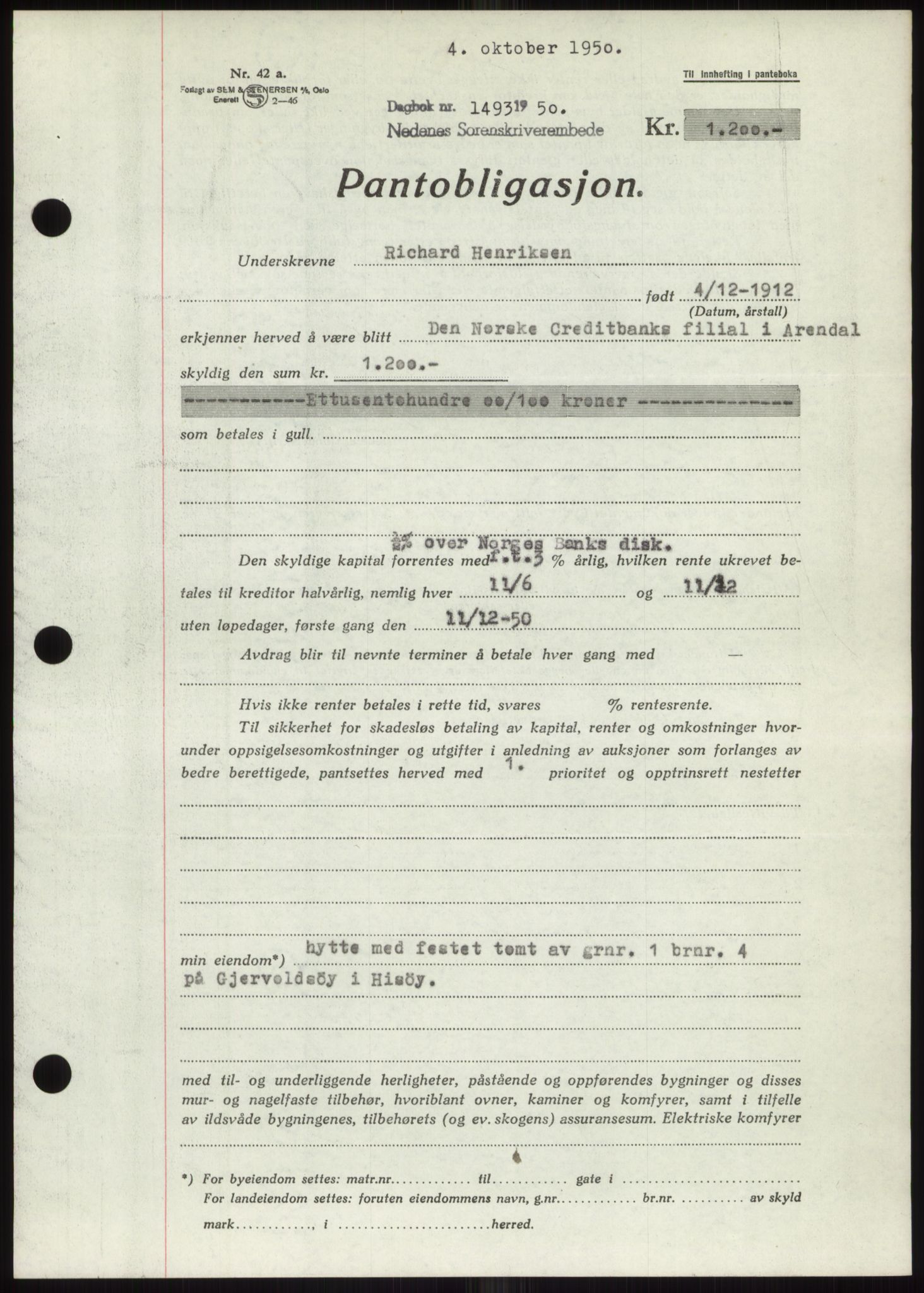 Nedenes sorenskriveri, AV/SAK-1221-0006/G/Gb/Gbb/L0008: Mortgage book no. B8, 1950-1950, Diary no: : 1493/1950