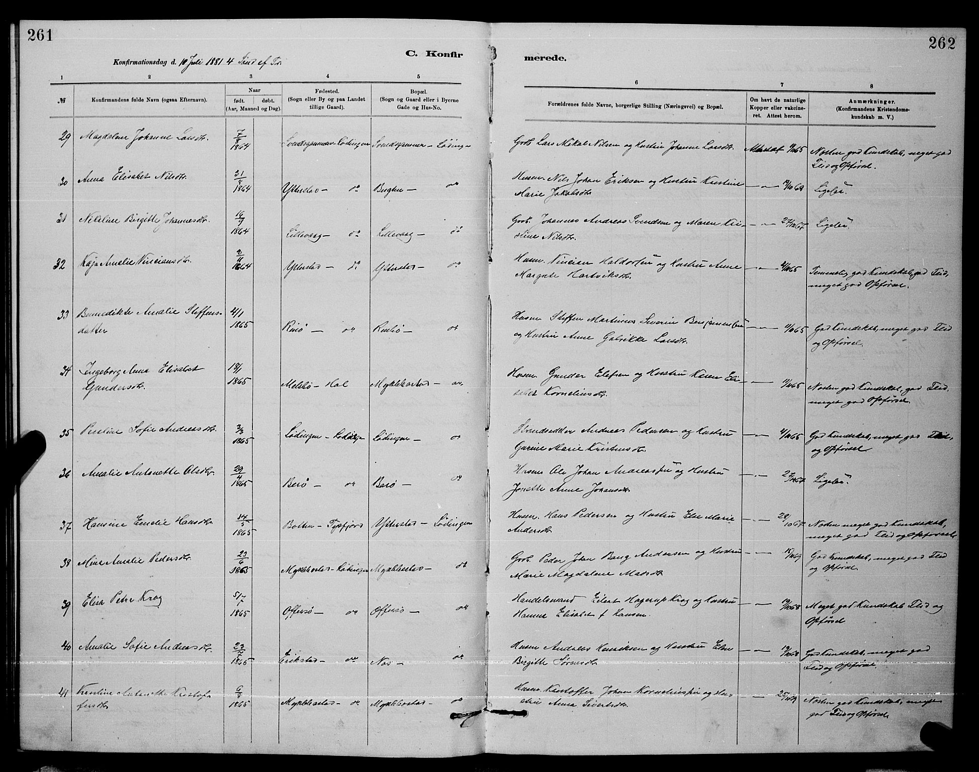 Ministerialprotokoller, klokkerbøker og fødselsregistre - Nordland, AV/SAT-A-1459/872/L1047: Parish register (copy) no. 872C03, 1880-1897, p. 261-262