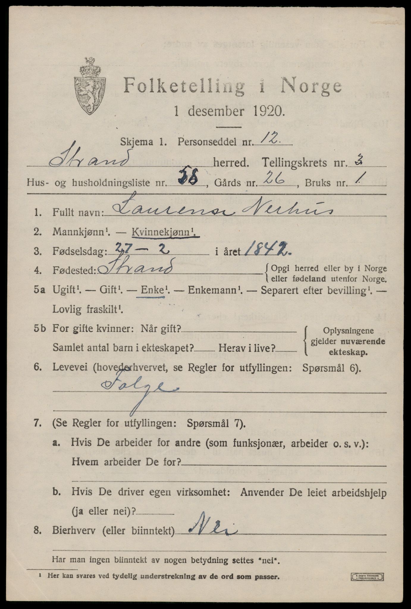 SAST, 1920 census for Strand, 1920, p. 2908