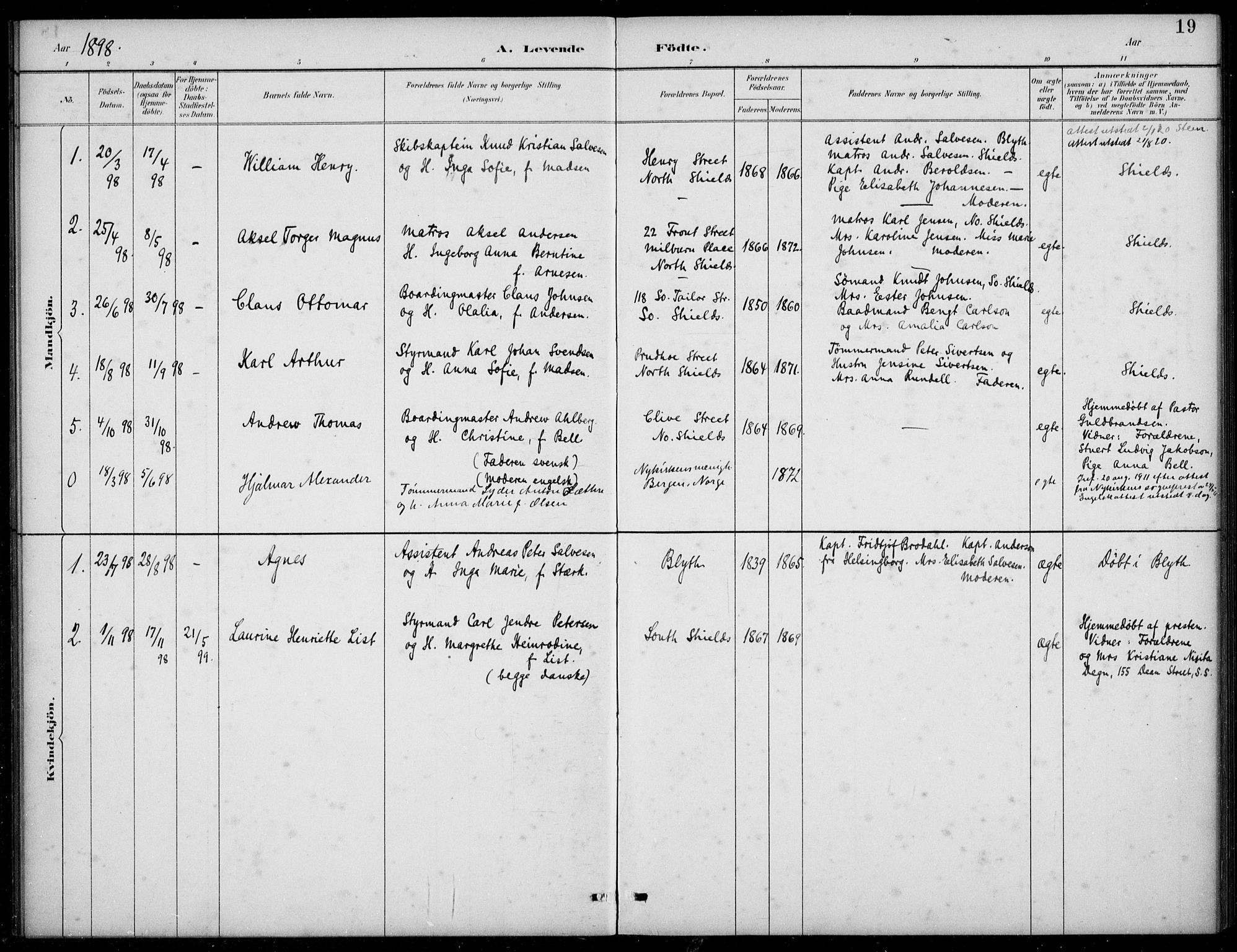 Den norske sjømannsmisjon i utlandet/Tyne-havnene (North Shields og New Castle), AV/SAB-SAB/PA-0101/H/Ha/L0002: Parish register (official) no. A 2, 1883-1938, p. 19