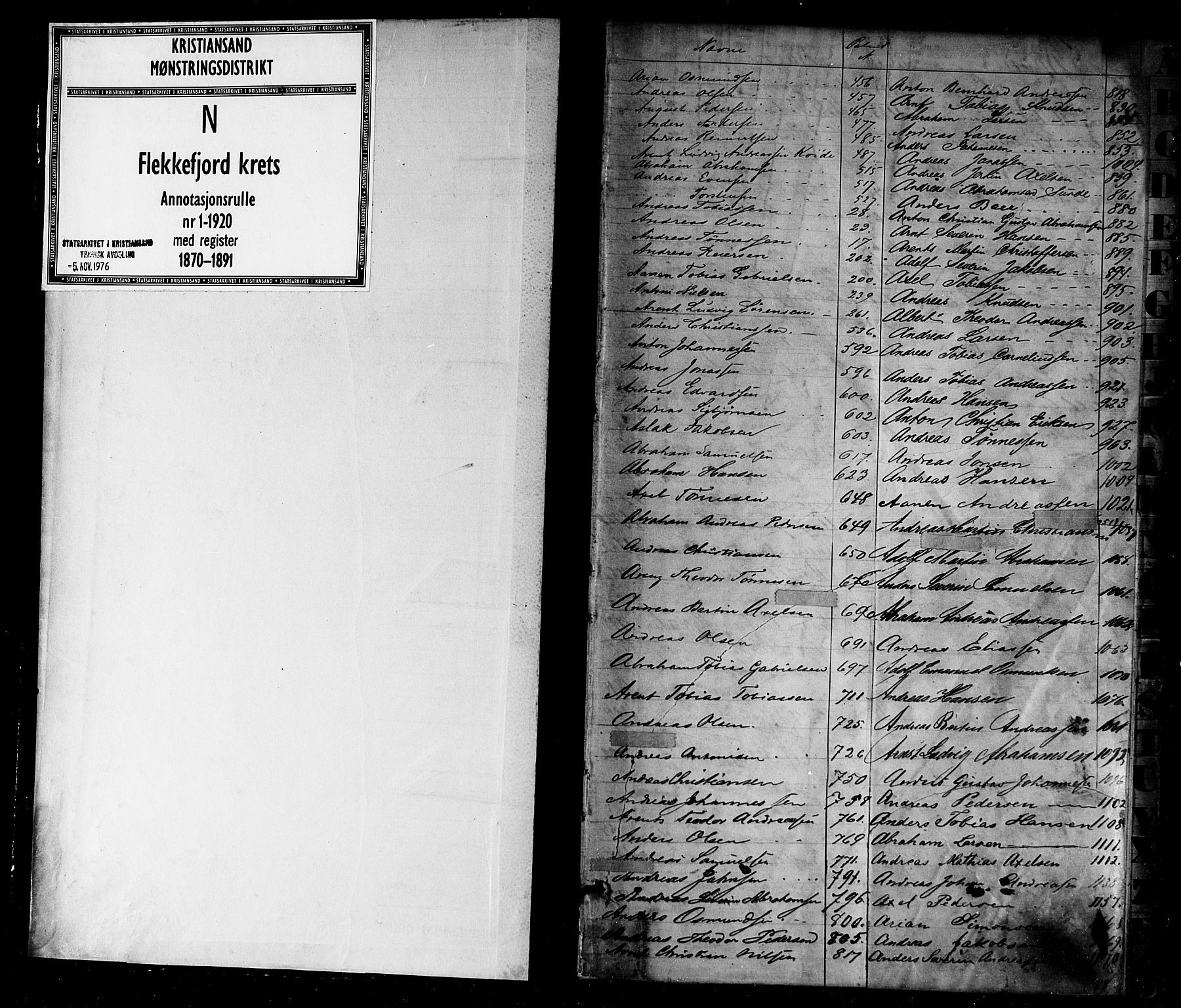 Flekkefjord mønstringskrets, SAK/2031-0018/F/Fa/L0002: Annotasjonsrulle nr 1-1920 med register, N-2, 1870-1891, p. 1