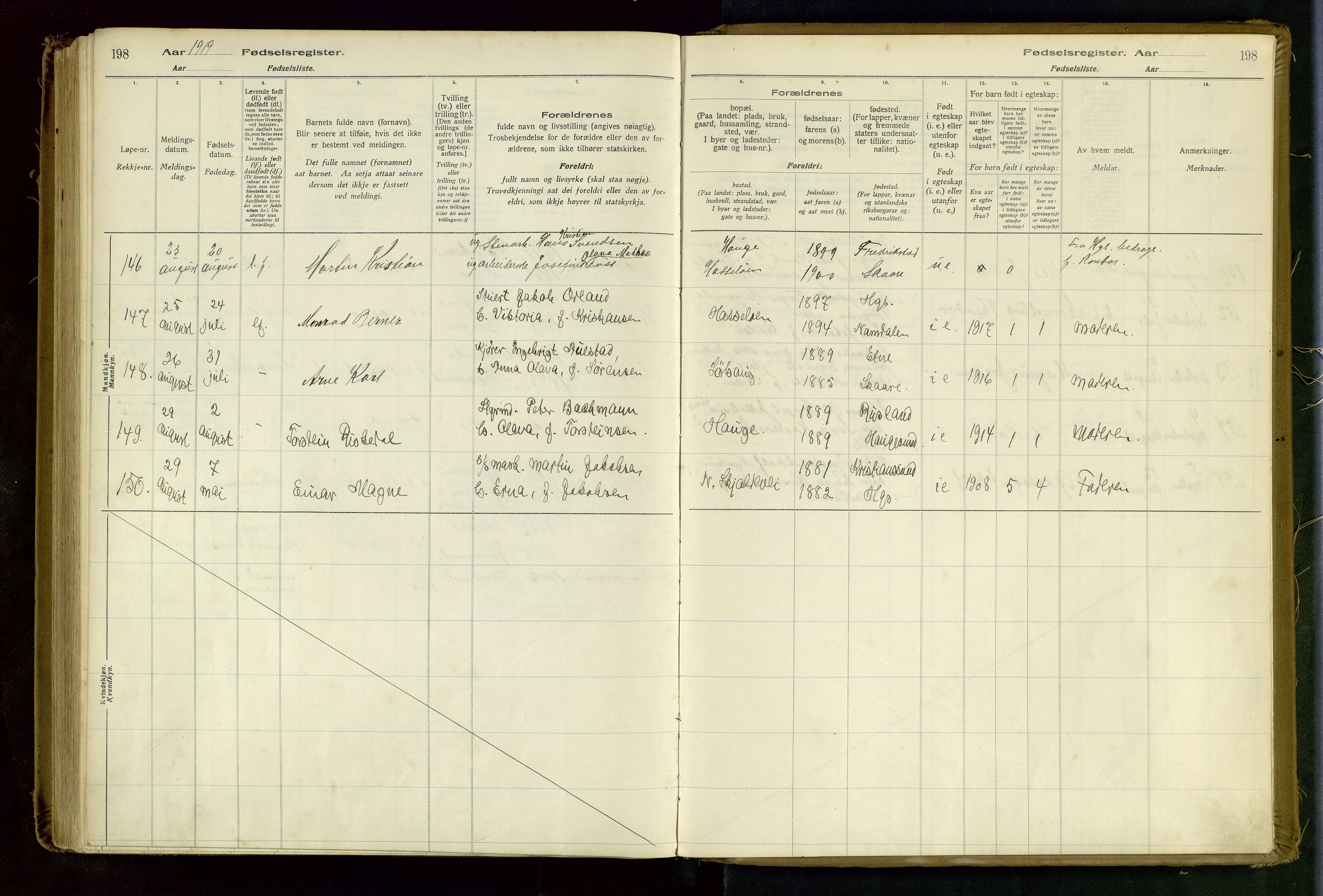 Haugesund sokneprestkontor, AV/SAST-A -101863/I/Id/L0003: Birth register no. 1, 1916-1919, p. 198