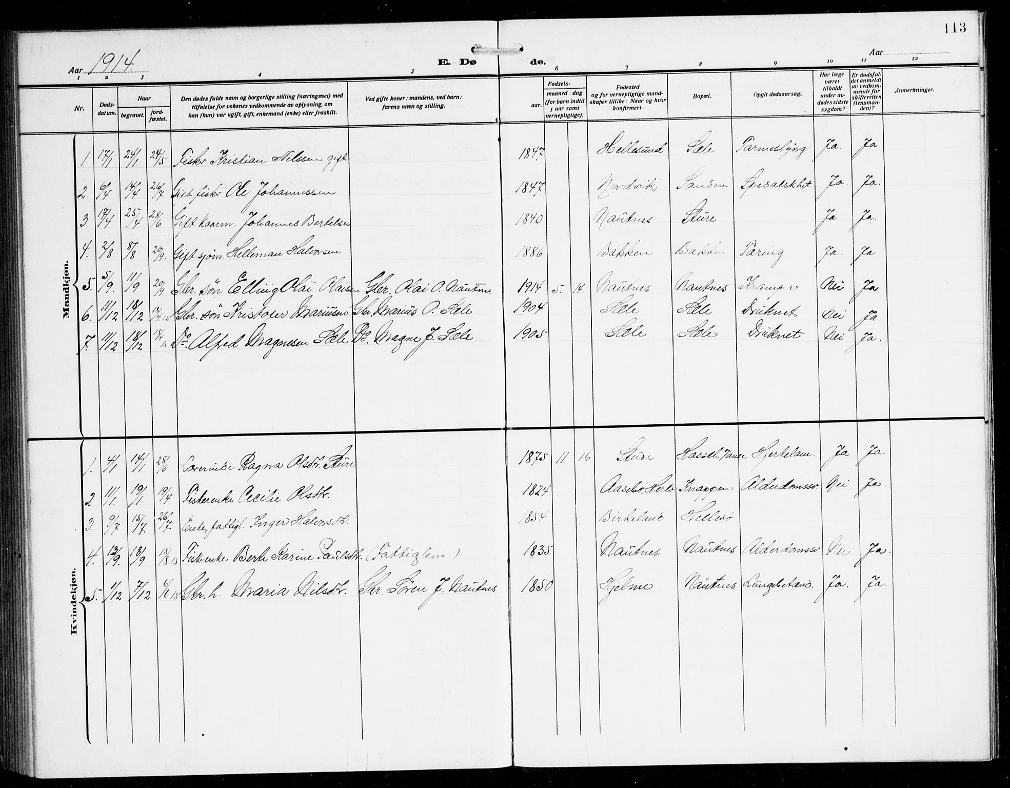 Herdla Sokneprestembete, SAB/A-75701/H/Hab: Parish register (copy) no. B 1, 1909-1929, p. 113