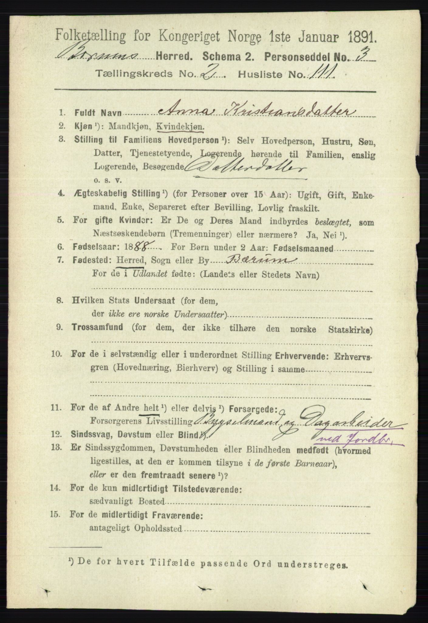 RA, 1891 census for 0219 Bærum, 1891, p. 1891