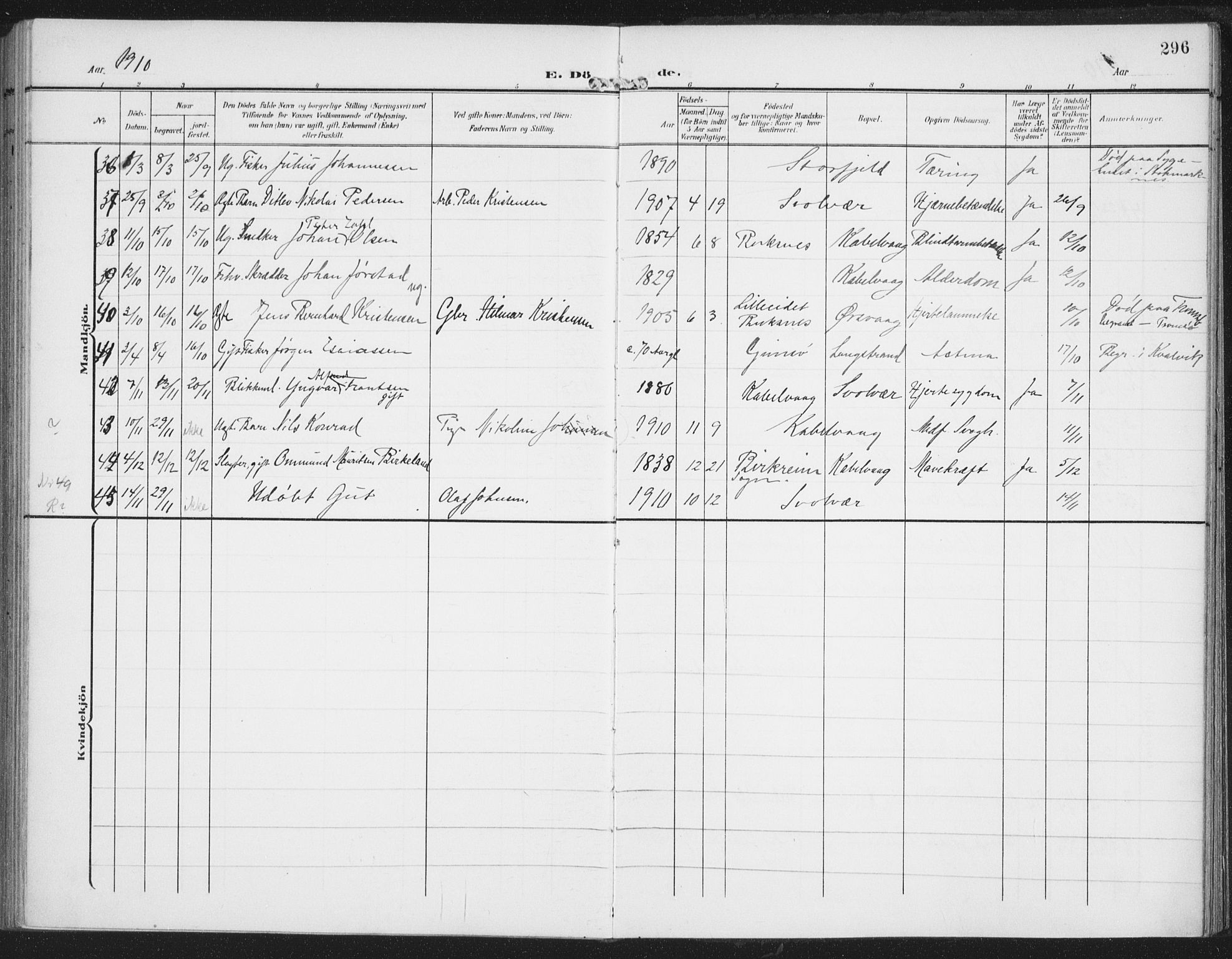 Ministerialprotokoller, klokkerbøker og fødselsregistre - Nordland, AV/SAT-A-1459/874/L1063: Parish register (official) no. 874A07, 1907-1915, p. 296