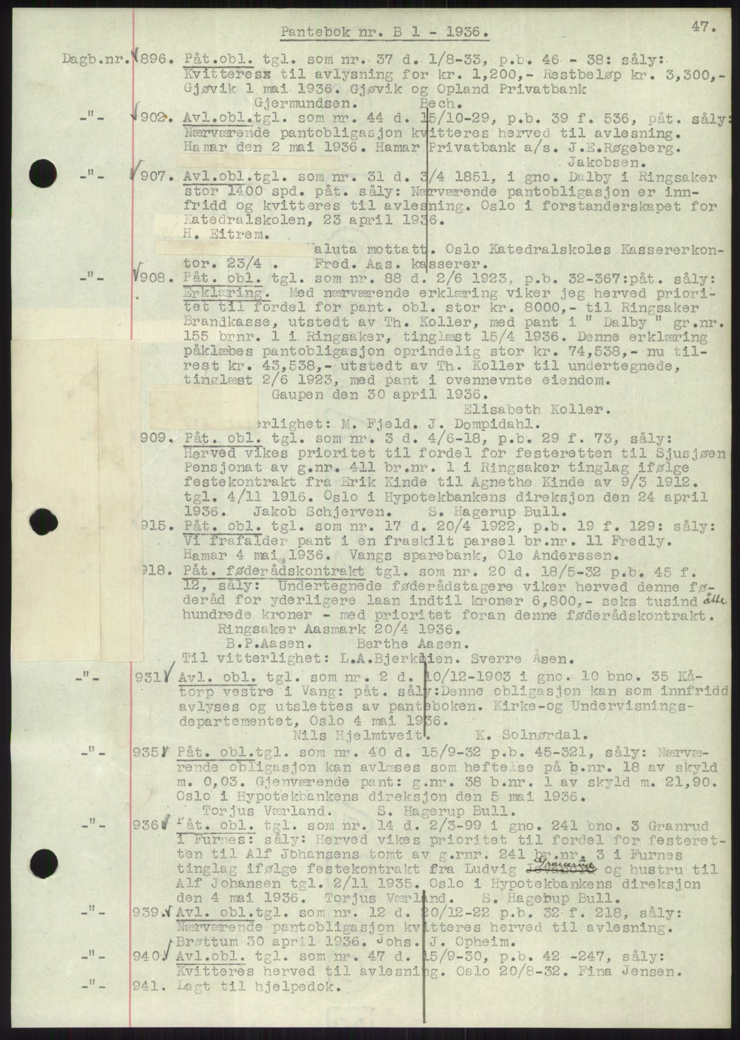 Nord-Hedmark sorenskriveri, AV/SAH-TING-012/H/Hb/Hbf/L0001: Mortgage book no. B1, 1936-1936, Diary no: : 896/1936