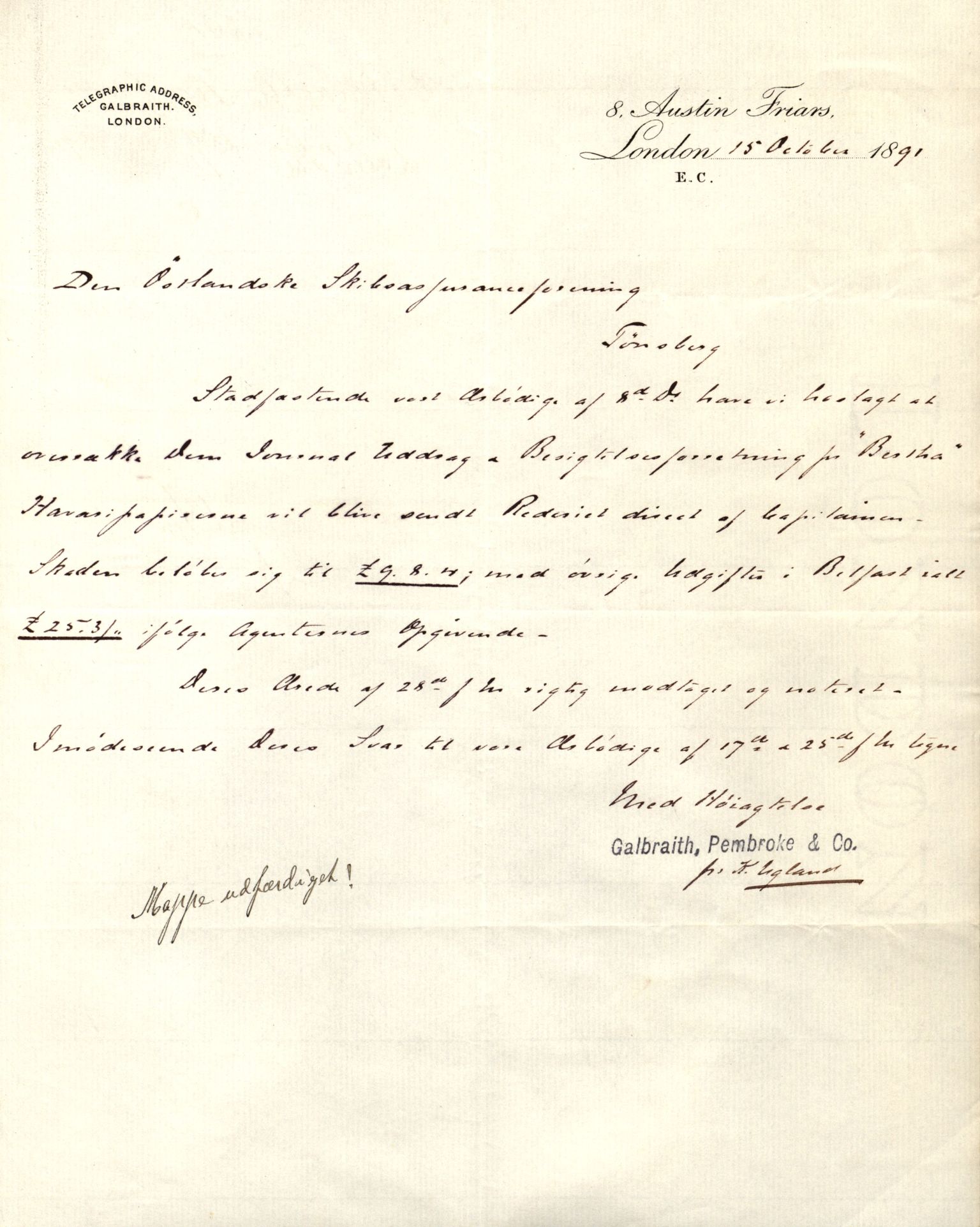 Pa 63 - Østlandske skibsassuranceforening, VEMU/A-1079/G/Ga/L0027/0004: Havaridokumenter / Avenir, Bertha, Augusta, Arctic, Black Hawk, 1891, p. 25