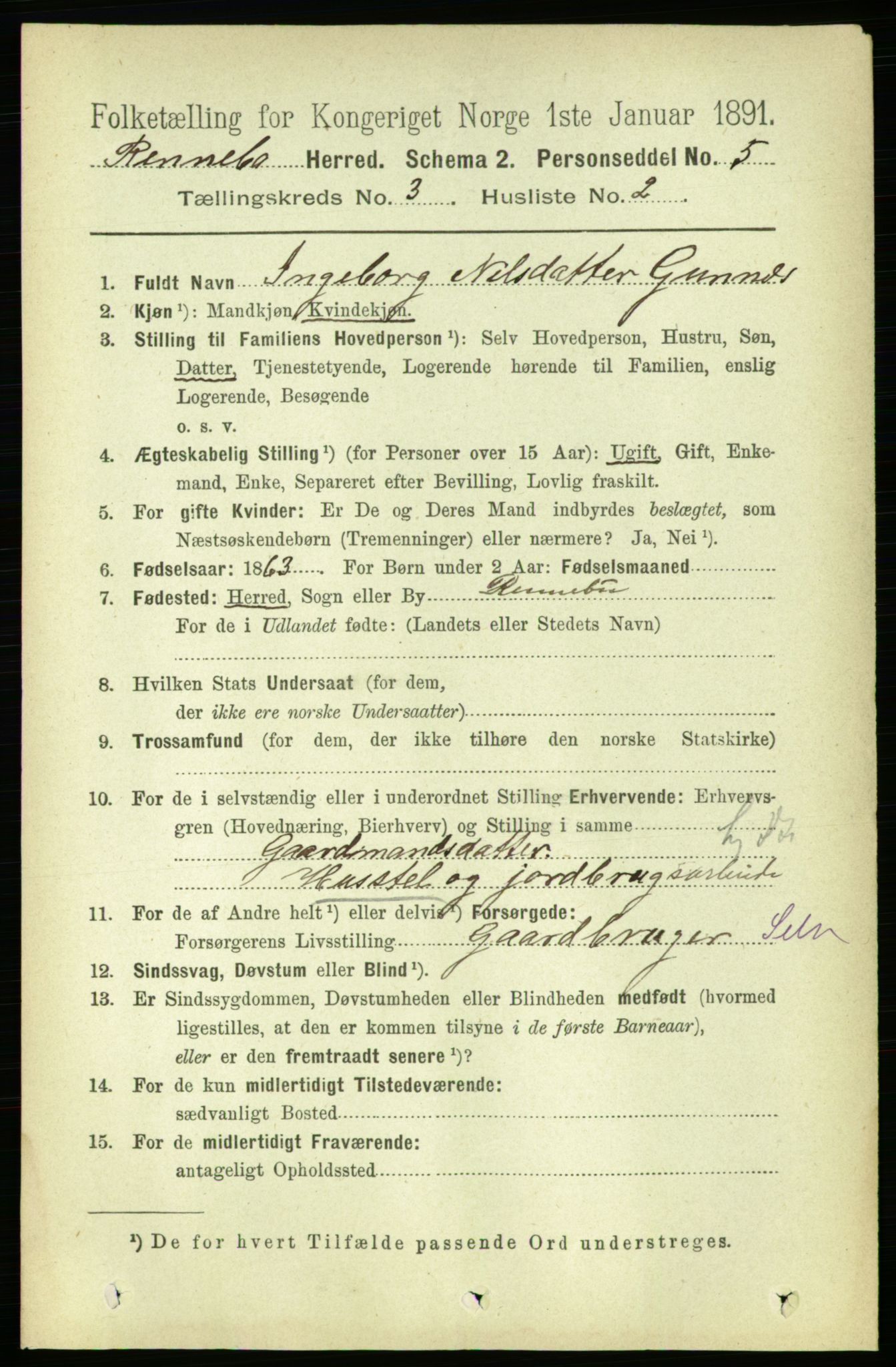 RA, 1891 census for 1635 Rennebu, 1891, p. 1399