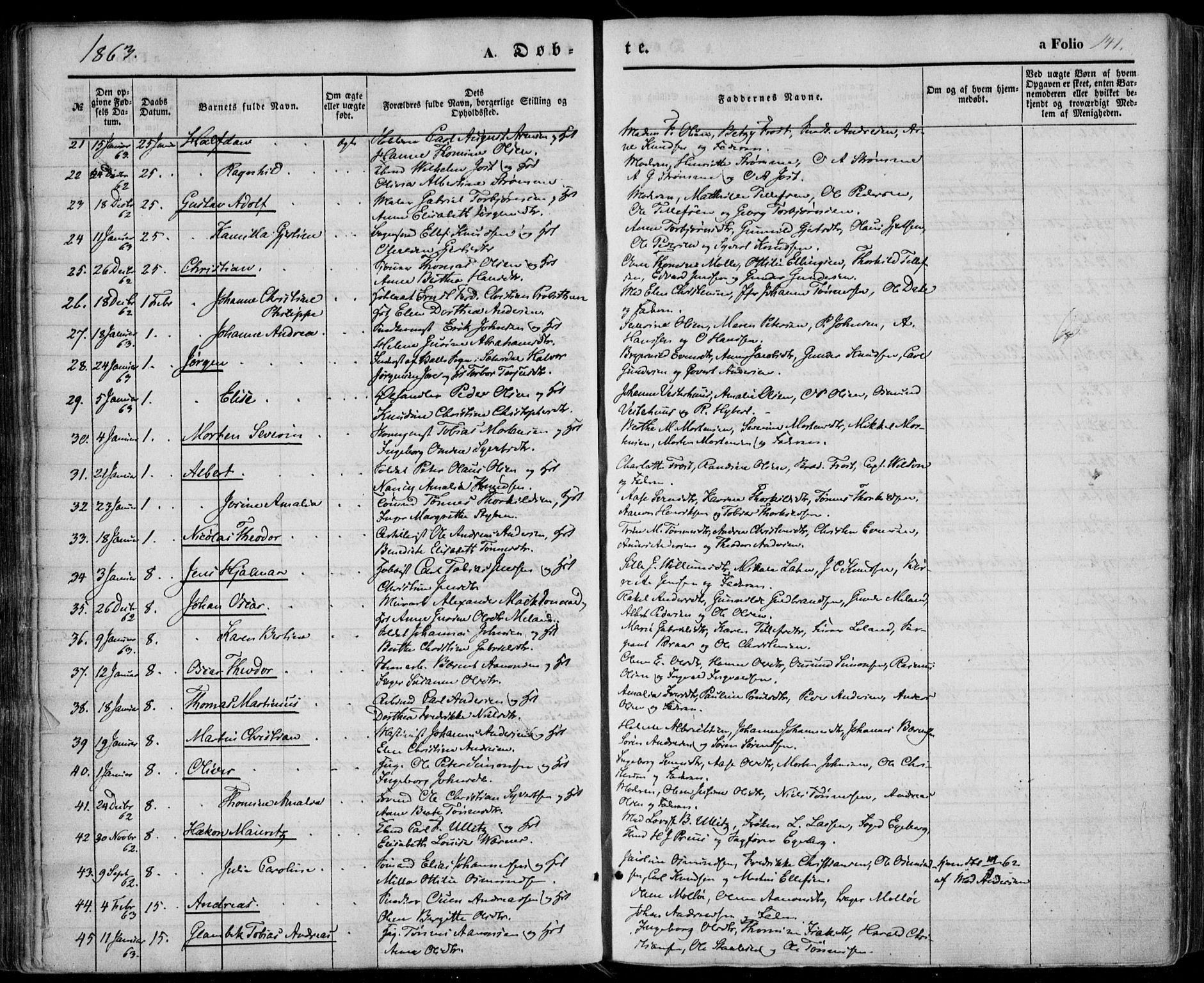 Kristiansand domprosti, SAK/1112-0006/F/Fa/L0014: Parish register (official) no. A 14, 1852-1867, p. 141