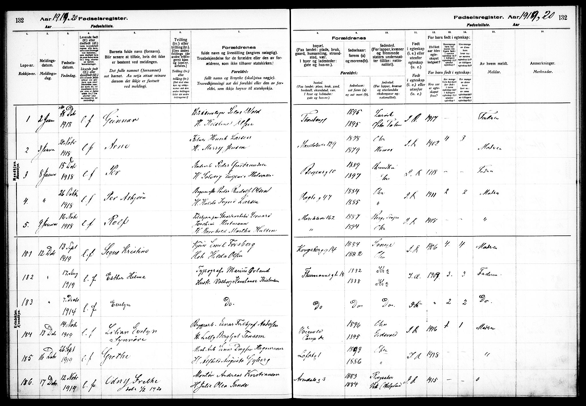 Sagene prestekontor Kirkebøker, SAO/A-10796/J/L0001: Birth register no. 1, 1916-1920, p. 132