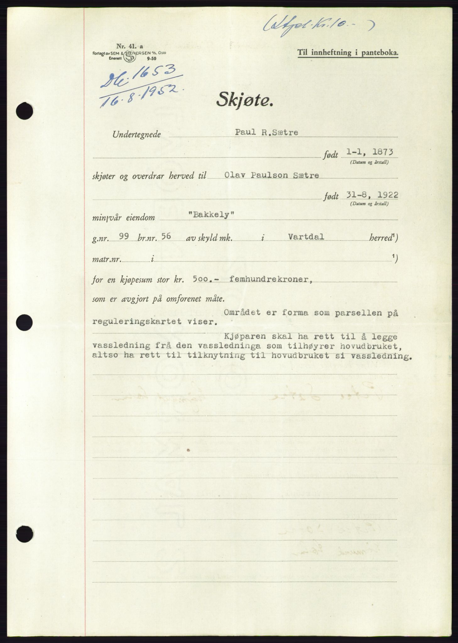 Søre Sunnmøre sorenskriveri, AV/SAT-A-4122/1/2/2C/L0092: Mortgage book no. 18A, 1952-1952, Diary no: : 1653/1952