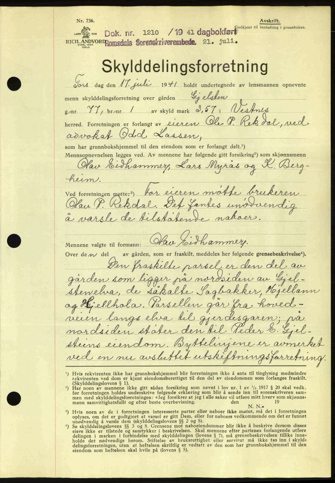 Romsdal sorenskriveri, AV/SAT-A-4149/1/2/2C: Mortgage book no. A10, 1941-1941, Diary no: : 1210/1941