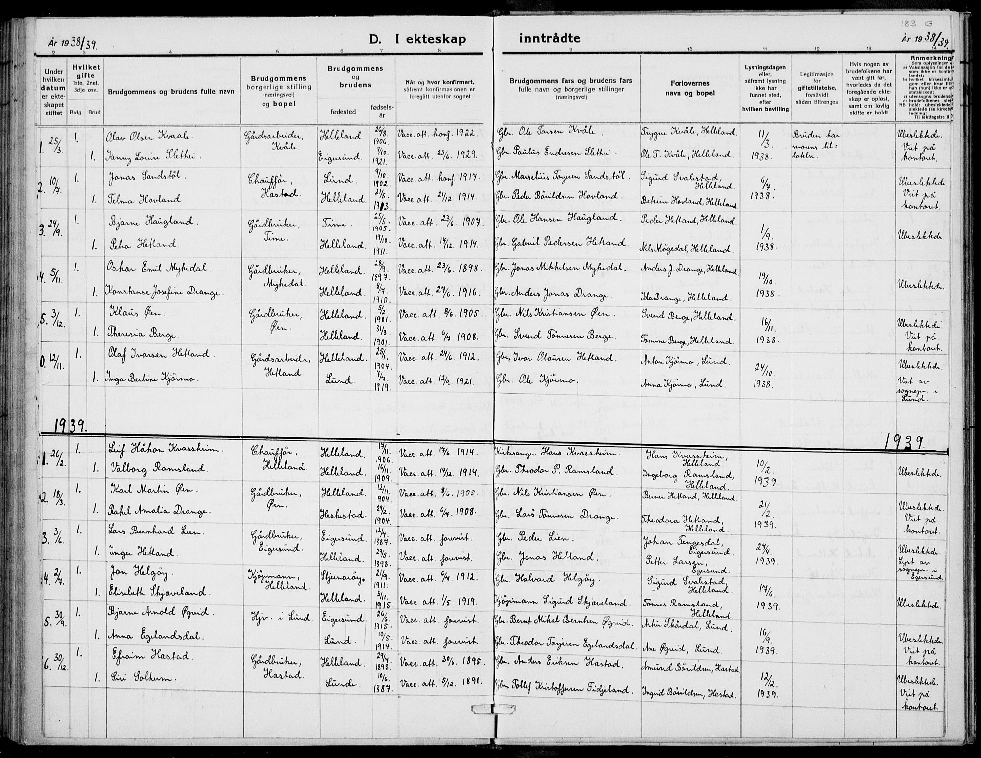 Helleland sokneprestkontor, AV/SAST-A-101810: Parish register (copy) no. B 4, 1887-1941, p. 183