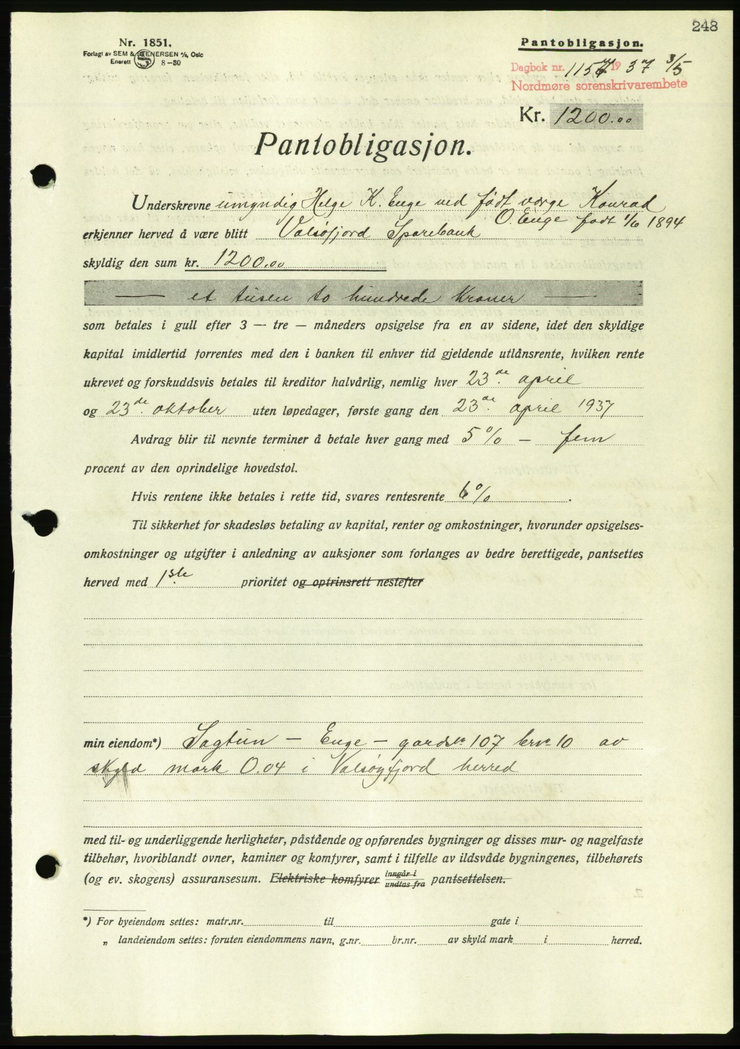 Nordmøre sorenskriveri, AV/SAT-A-4132/1/2/2Ca/L0091: Mortgage book no. B81, 1937-1937, Diary no: : 1157/1937