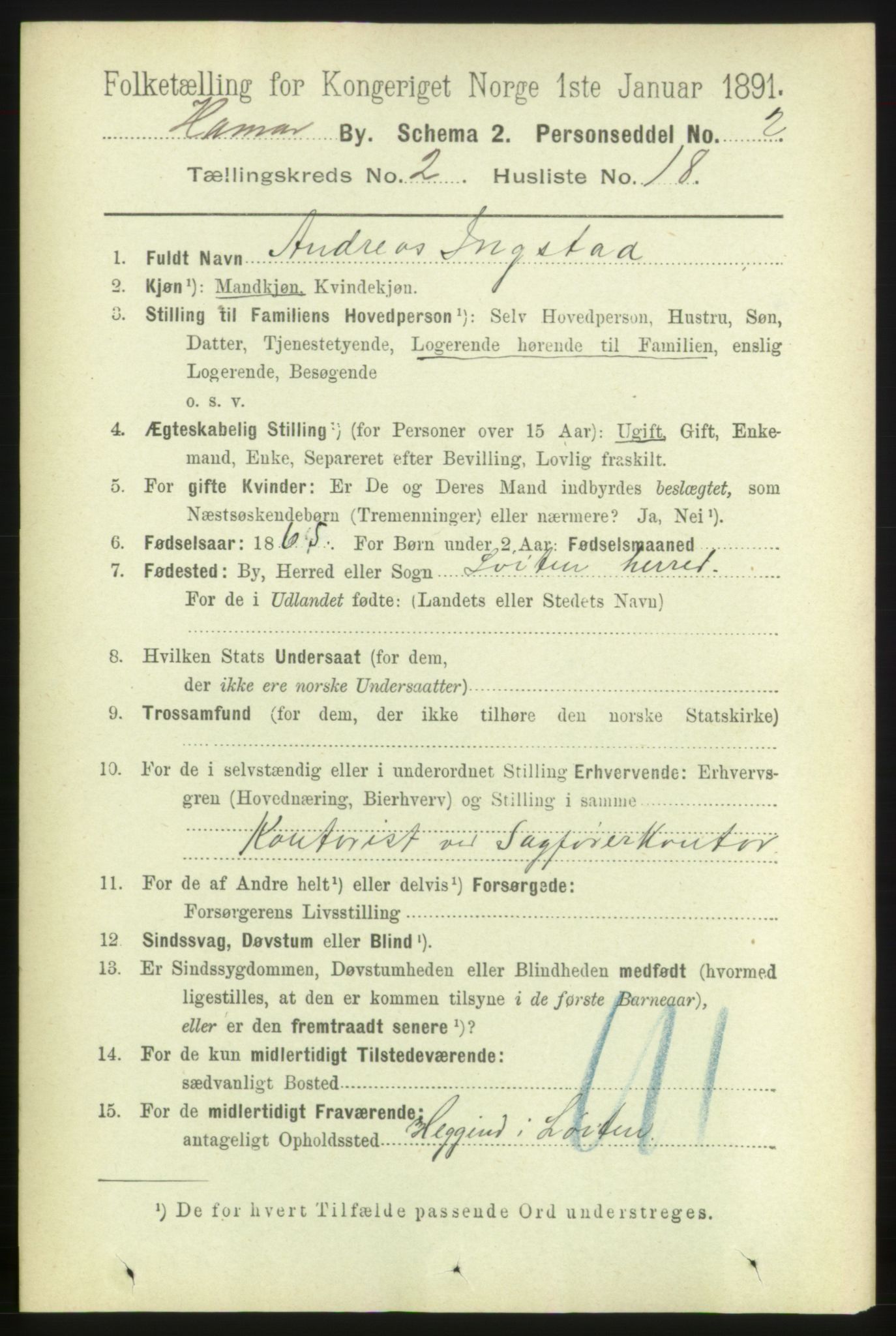 RA, 1891 census for 0401 Hamar, 1891, p. 1230