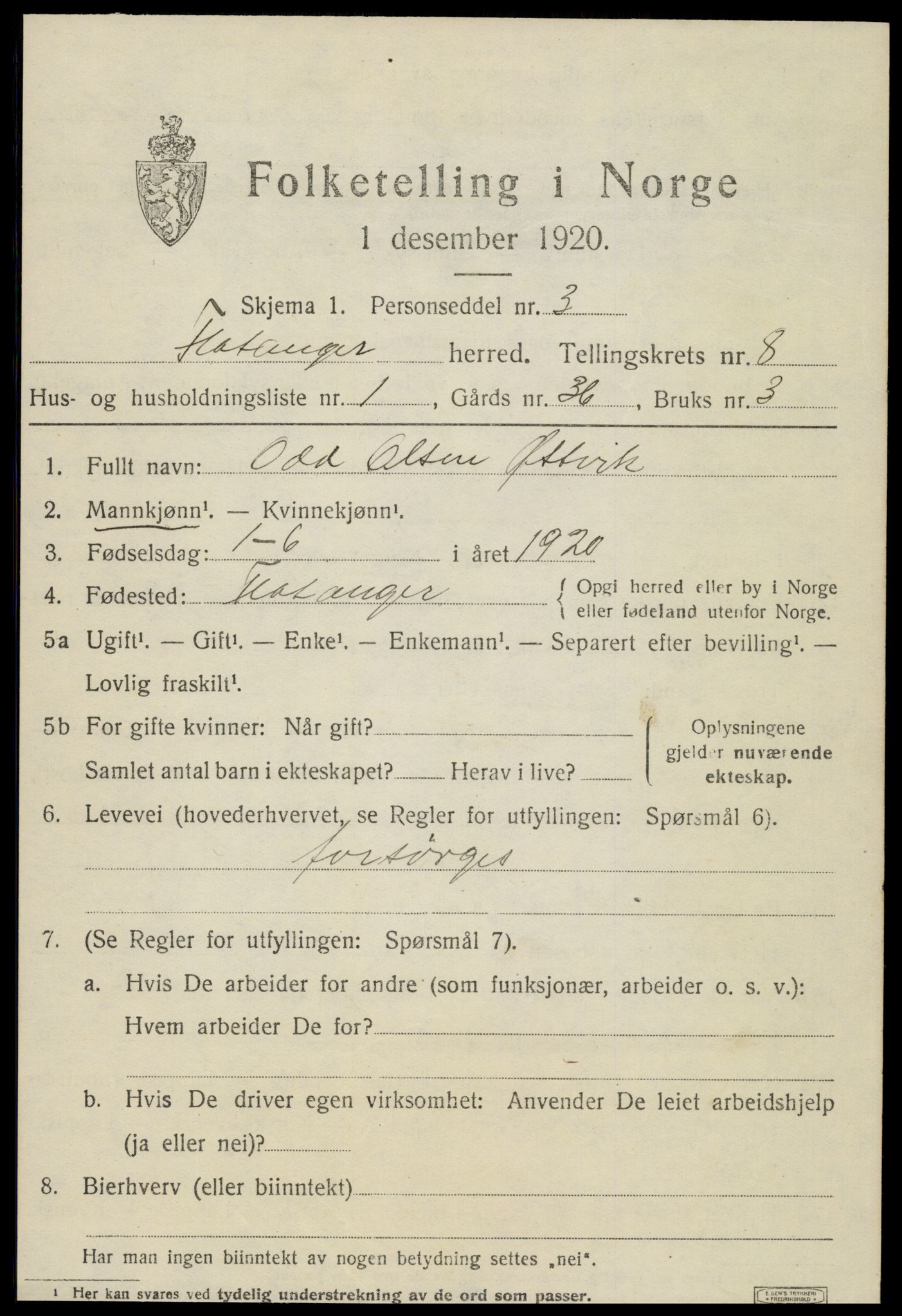 SAT, 1920 census for Flatanger, 1920, p. 3664