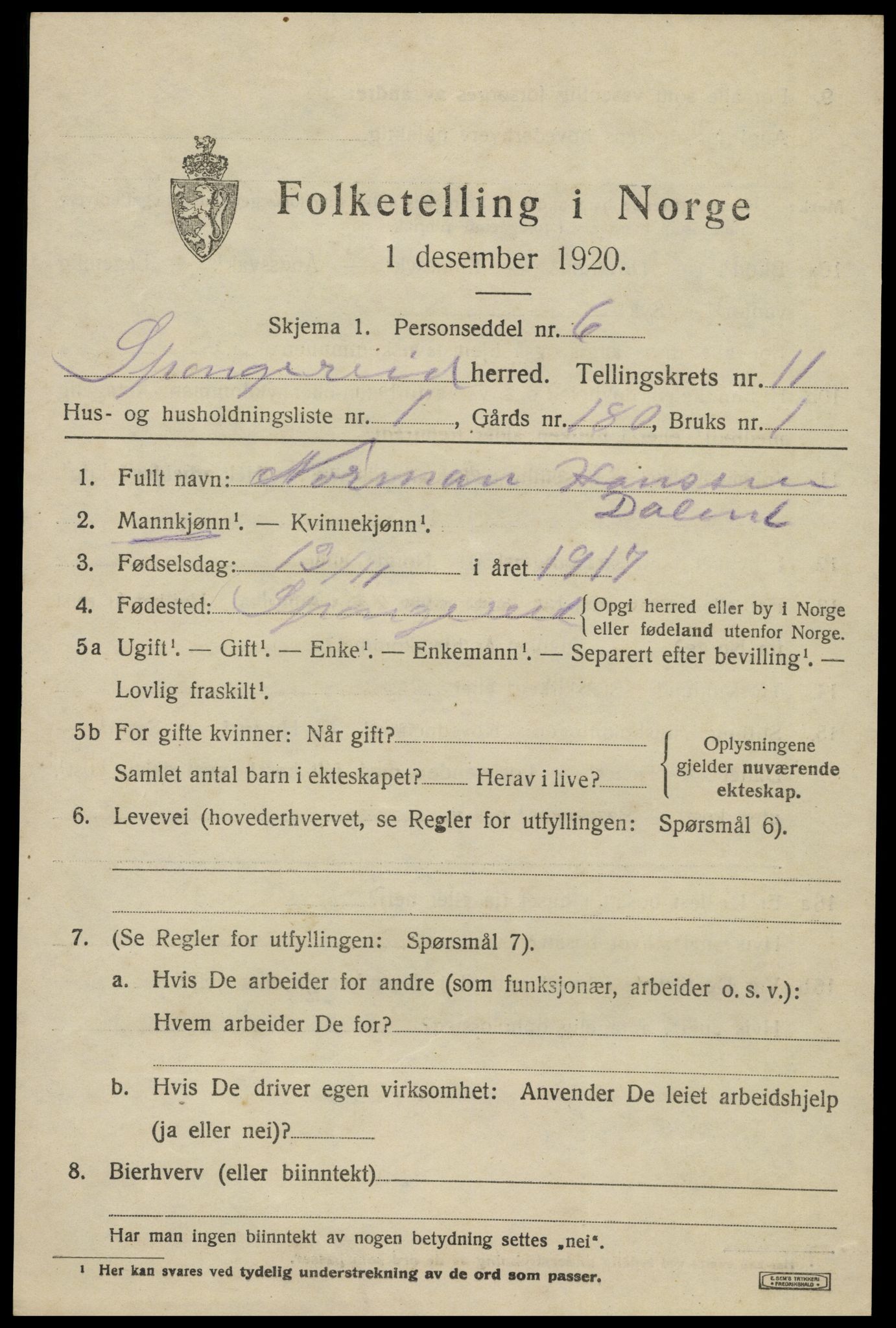 SAK, 1920 census for Spangereid, 1920, p. 3659