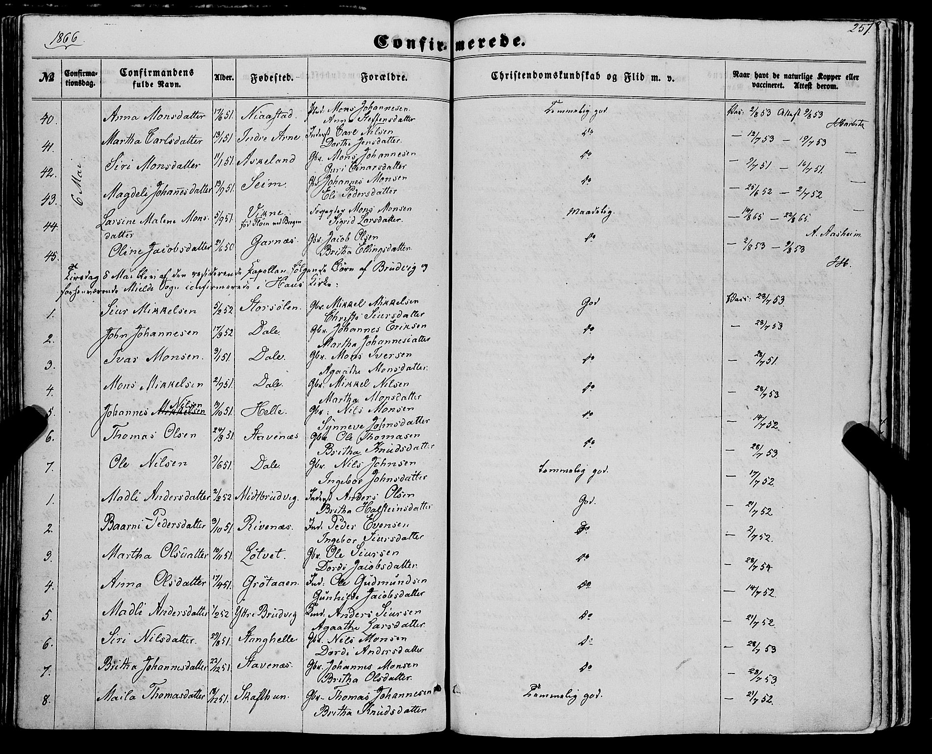 Haus sokneprestembete, AV/SAB-A-75601/H/Haa: Parish register (official) no. A 17, 1858-1870, p. 257