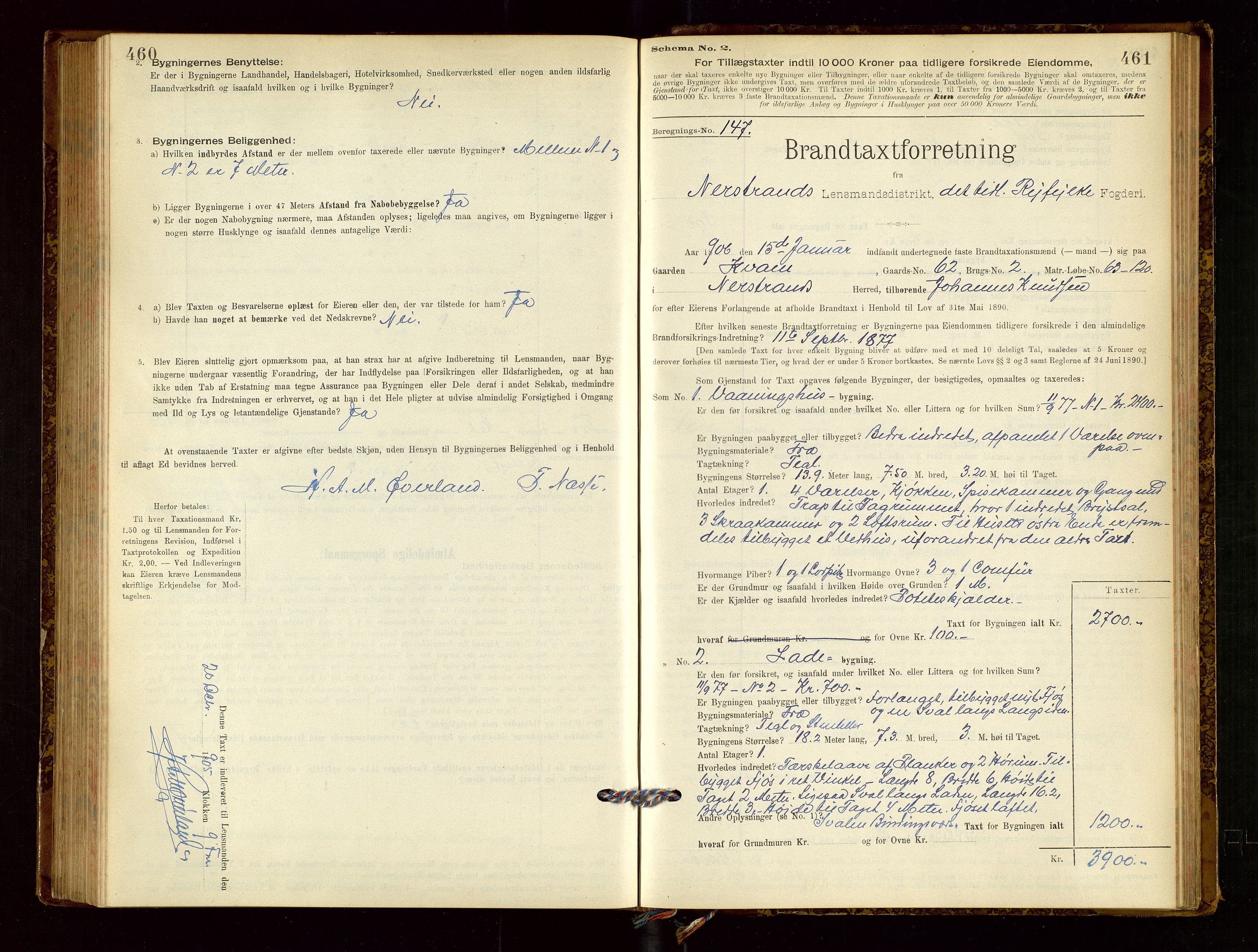 Nedstrand lensmannskontor, AV/SAST-A-100236/Gob/L0001: "Brandtaxationsprotokol for Nerstrand Lensmandsdistrikt Ryfylke fogderi", 1895-1915, p. 460-461