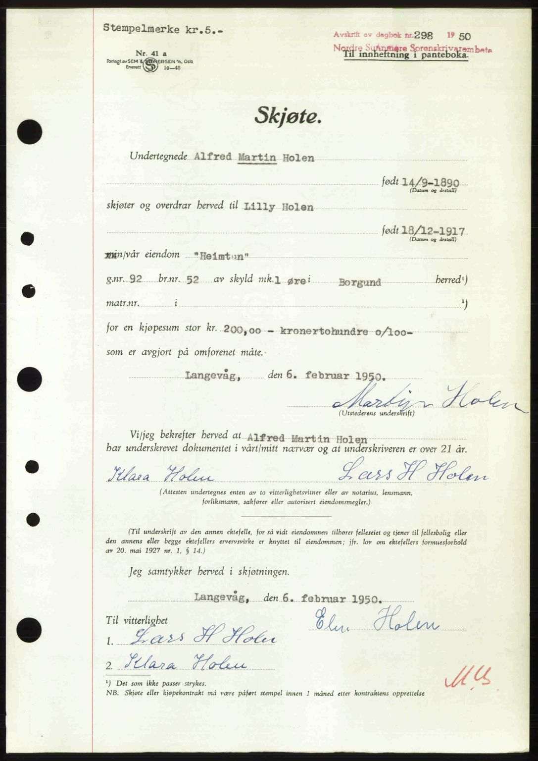 Nordre Sunnmøre sorenskriveri, AV/SAT-A-0006/1/2/2C/2Ca: Mortgage book no. A33, 1949-1950, Diary no: : 298/1950