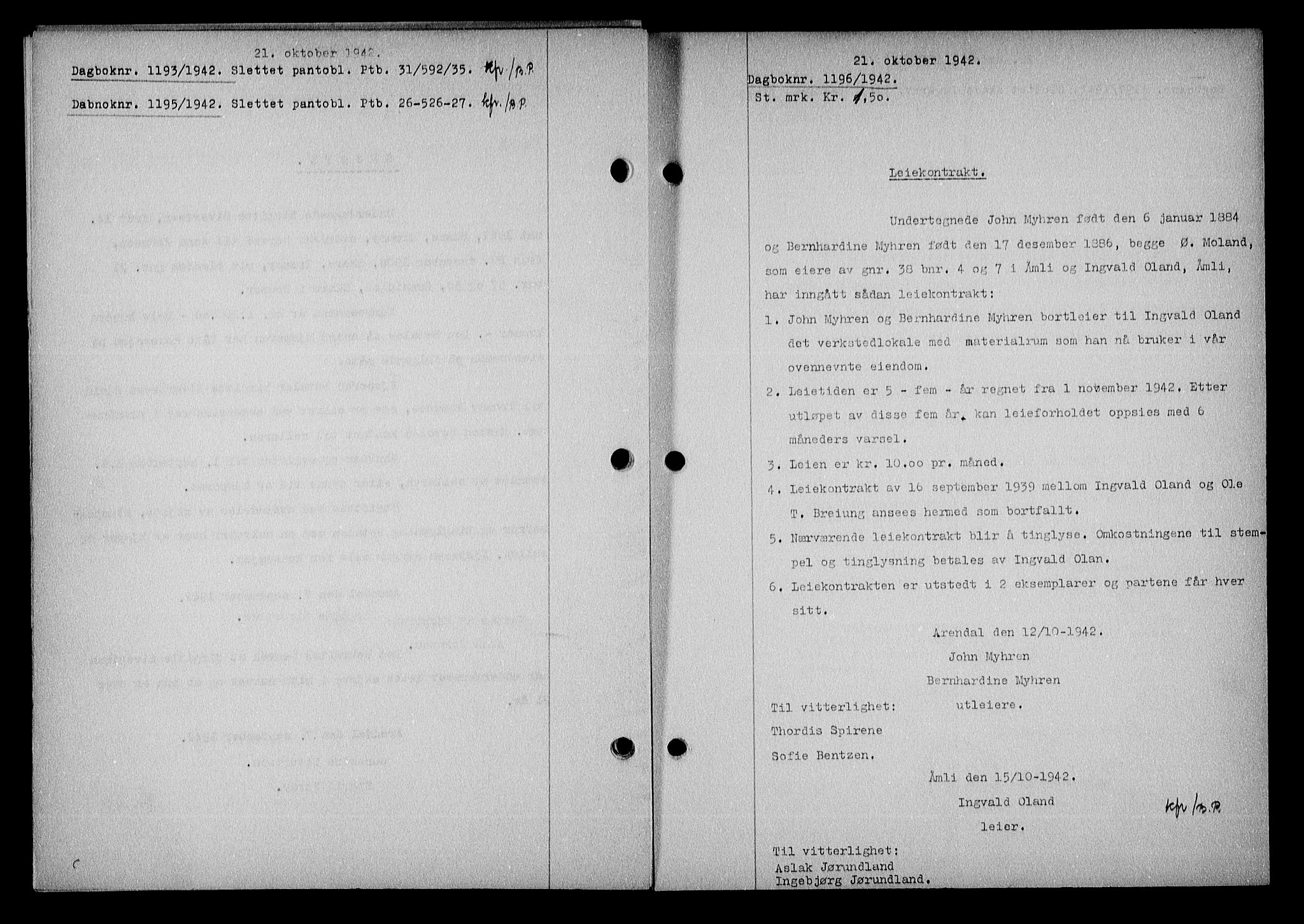 Nedenes sorenskriveri, SAK/1221-0006/G/Gb/Gba/L0050: Mortgage book no. A-IV, 1942-1943, Diary no: : 1196/1942