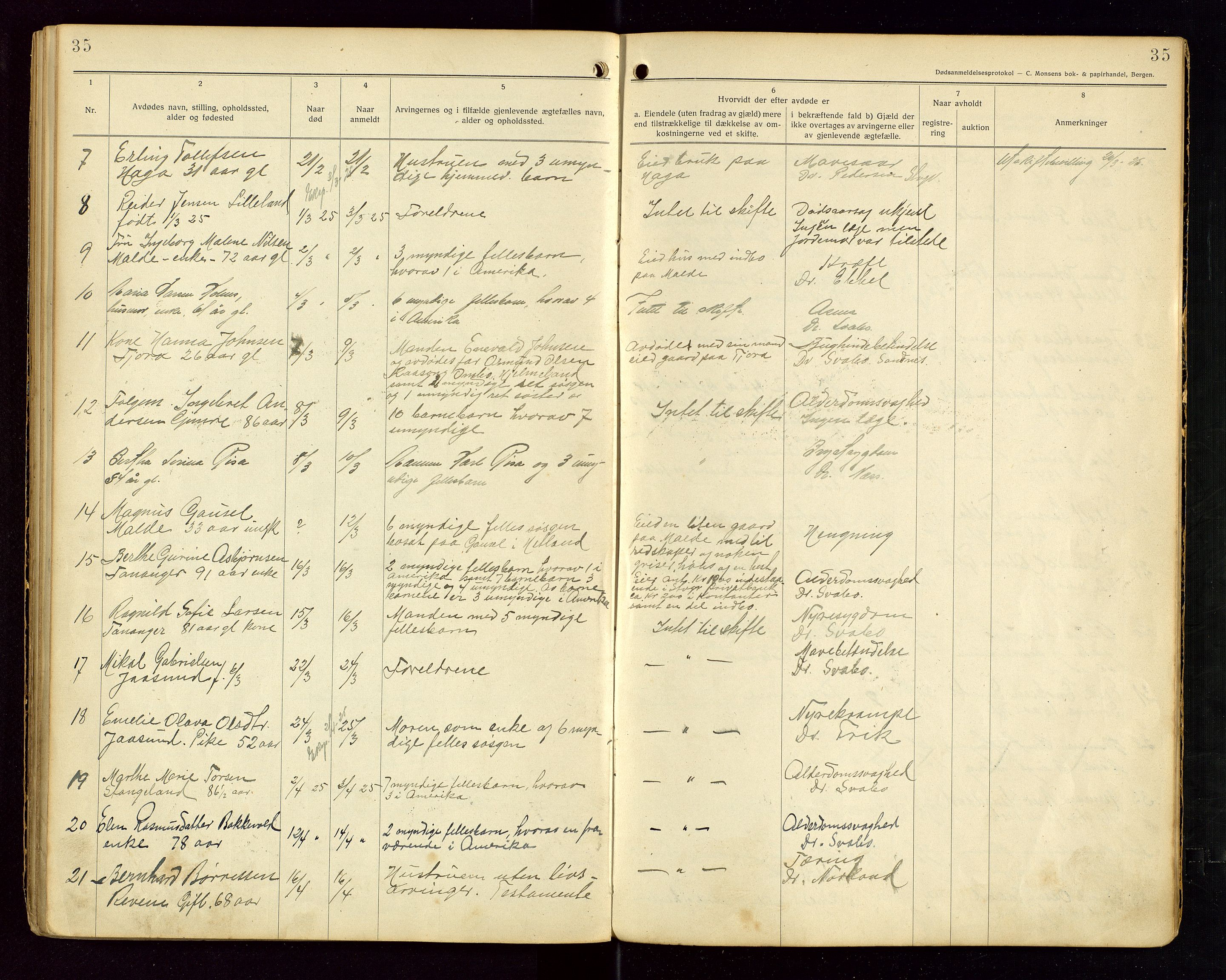 Håland lensmannskontor, AV/SAST-A-100100/Gga/L0002: "Dødsanmeldelser fra 6/9 1916 til 1926 i Haaland", 1916-1926, p. 35