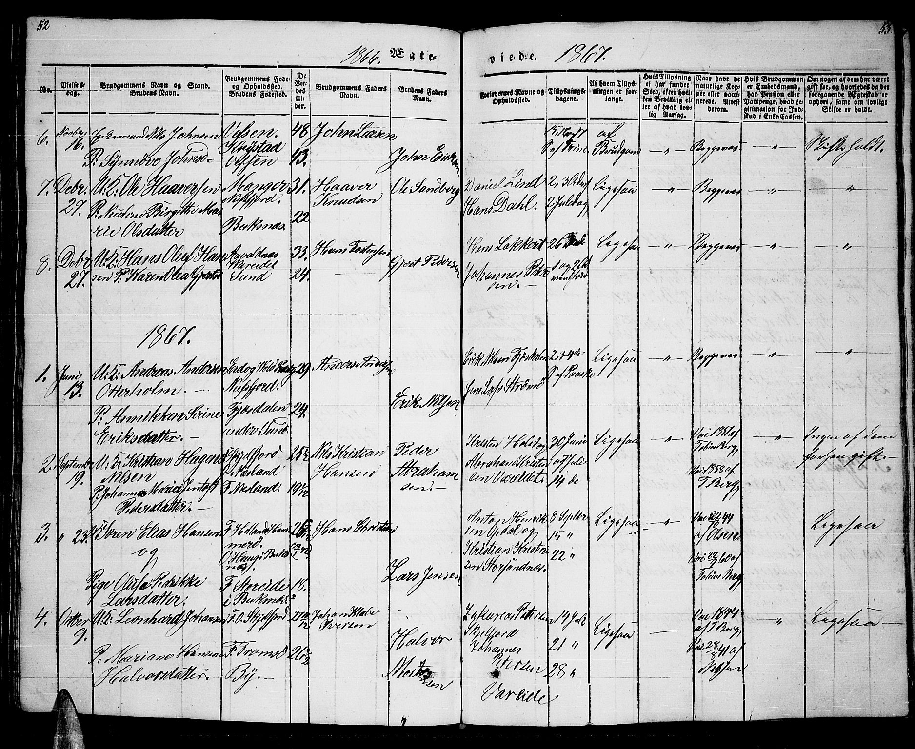 Ministerialprotokoller, klokkerbøker og fødselsregistre - Nordland, AV/SAT-A-1459/885/L1212: Parish register (copy) no. 885C01, 1847-1873, p. 52-53