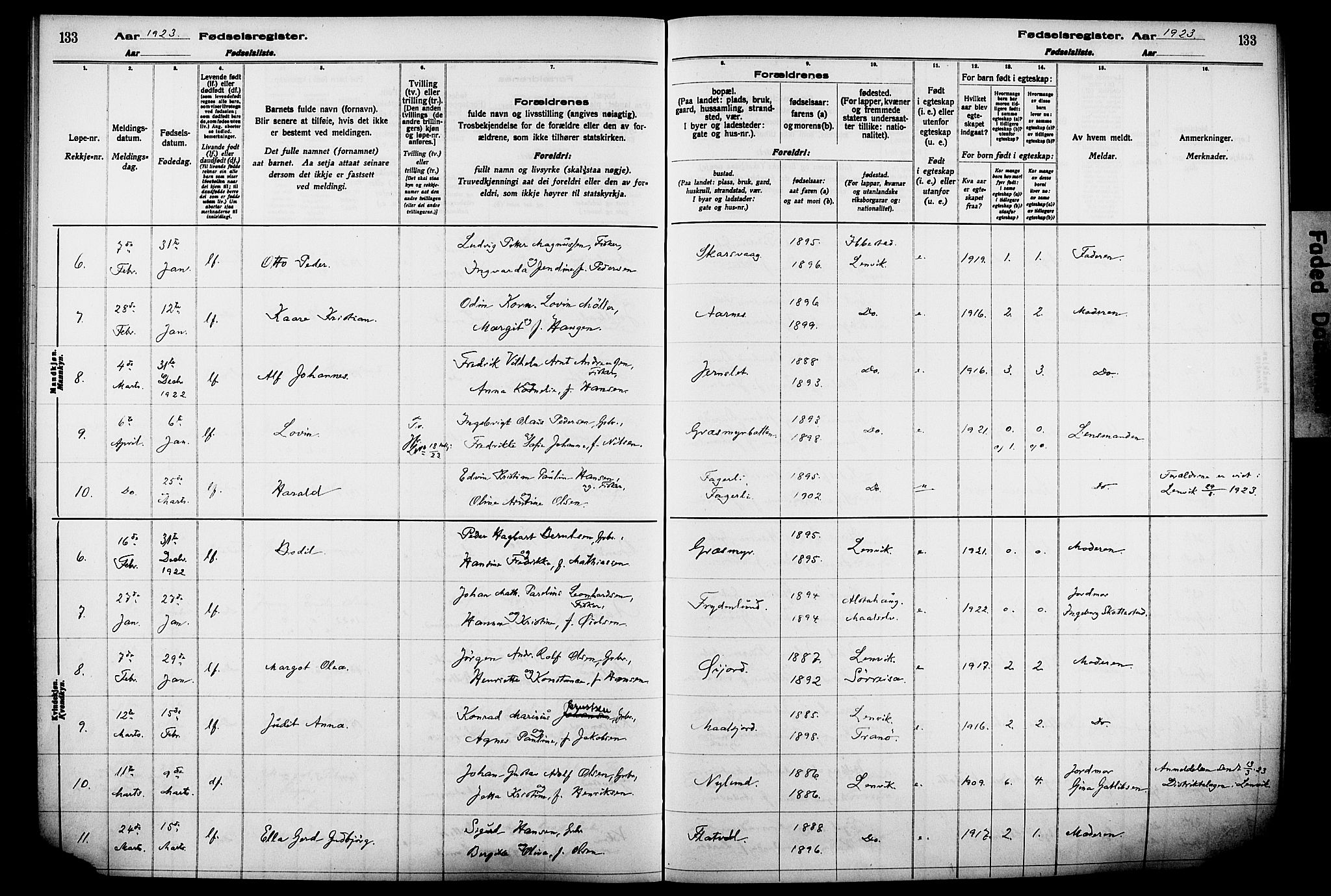 Lenvik sokneprestembete, AV/SATØ-S-1310/I/Ic/L0089: Birth register no. 89, 1916-1926, p. 133