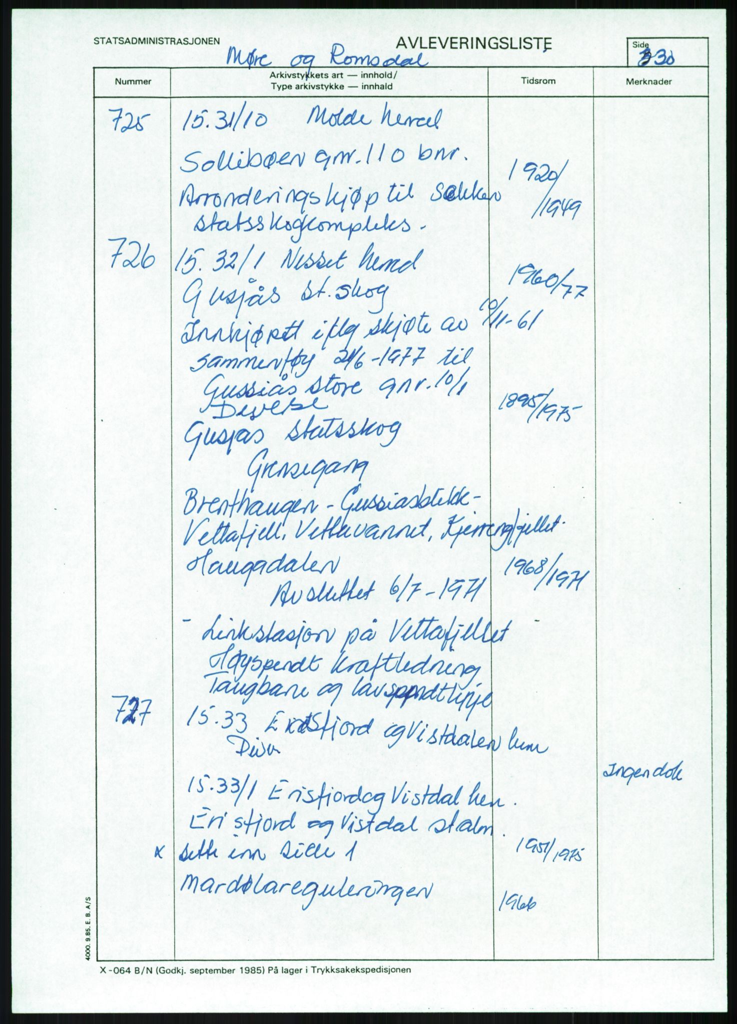 Direktoratet for statens skoger, AV/RA-S-1600/2/E/Eg/L0002: Arkivliste for 10.11-serien. Akershus til Sør-Trøndelag fylke. Mappenr. 1 - 925, 1957-1992, p. 463