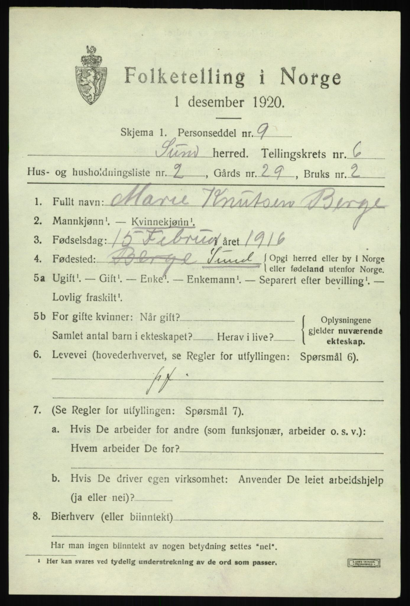 SAB, 1920 census for Sund, 1920, p. 3897