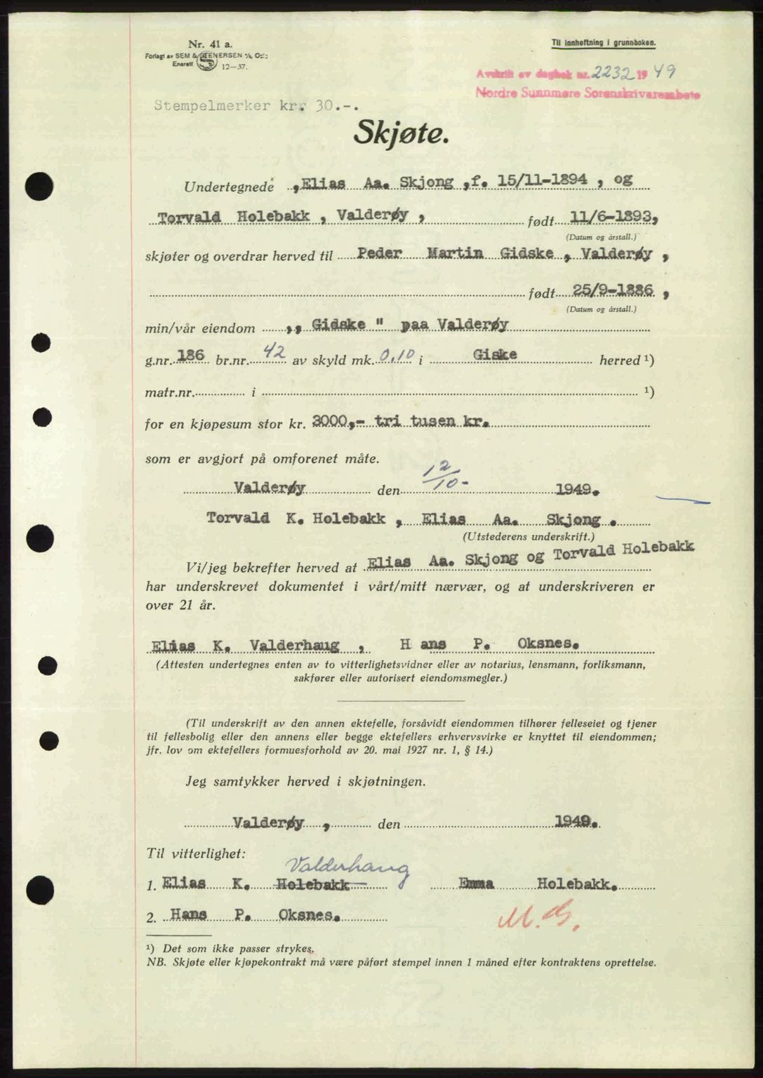 Nordre Sunnmøre sorenskriveri, AV/SAT-A-0006/1/2/2C/2Ca: Mortgage book no. A32, 1949-1949, Diary no: : 2232/1949