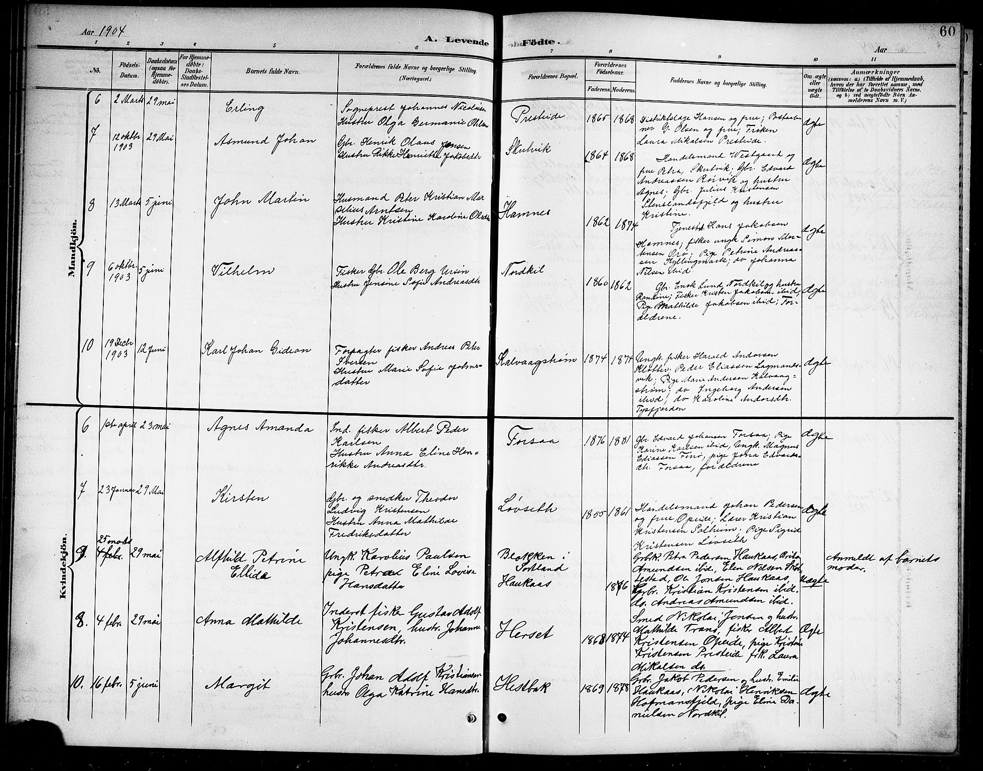 Ministerialprotokoller, klokkerbøker og fødselsregistre - Nordland, AV/SAT-A-1459/859/L0860: Parish register (copy) no. 859C06, 1899-1909, p. 60