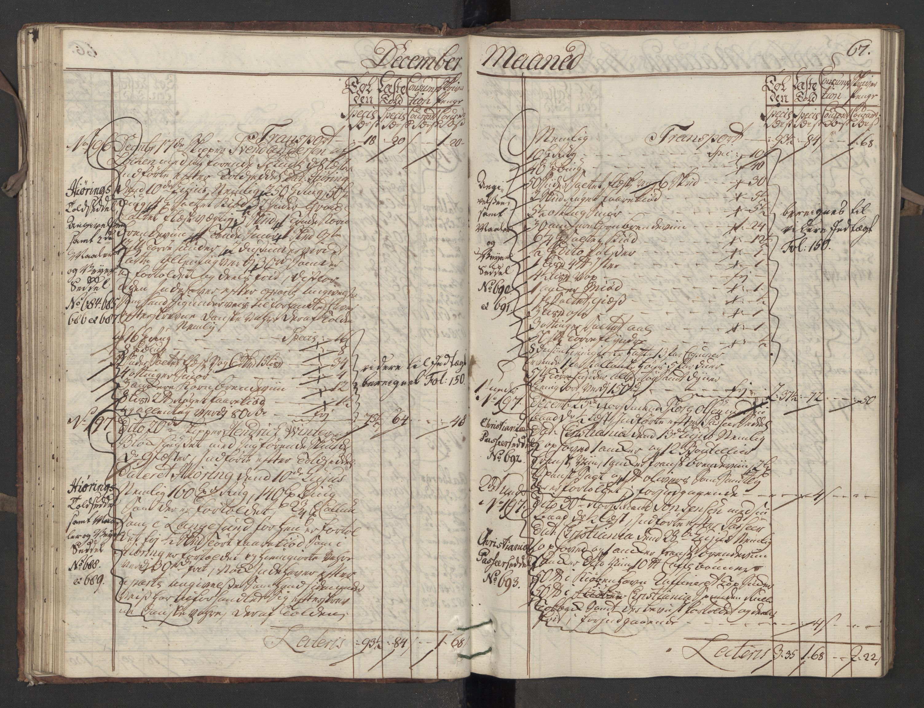 Generaltollkammeret, tollregnskaper, AV/RA-EA-5490/R13/L0020/0001: Tollregnskaper Kragerø / Inngående hovedtollbok, 1756, p. 66b-67a