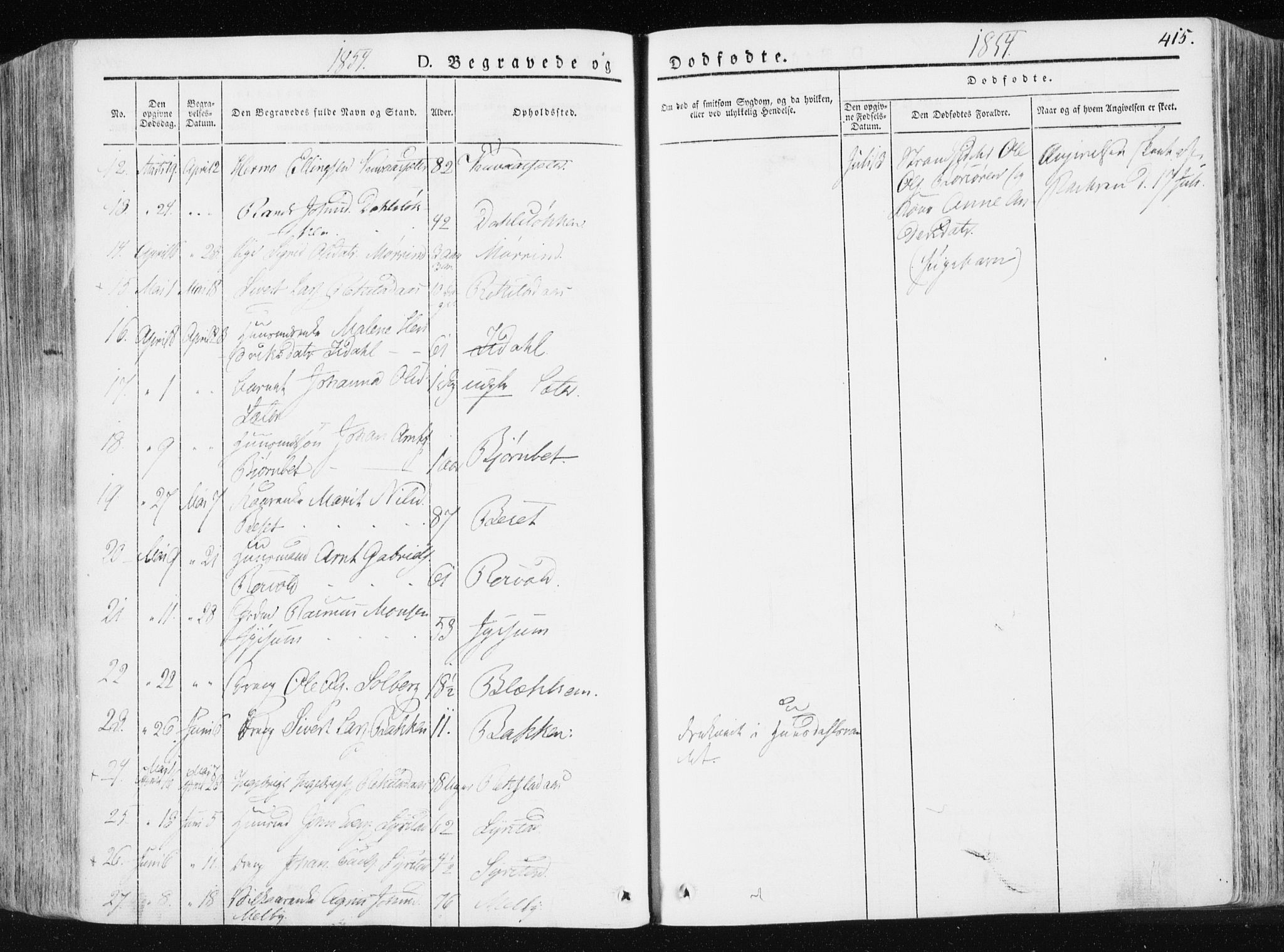 Ministerialprotokoller, klokkerbøker og fødselsregistre - Sør-Trøndelag, SAT/A-1456/665/L0771: Parish register (official) no. 665A06, 1830-1856, p. 415