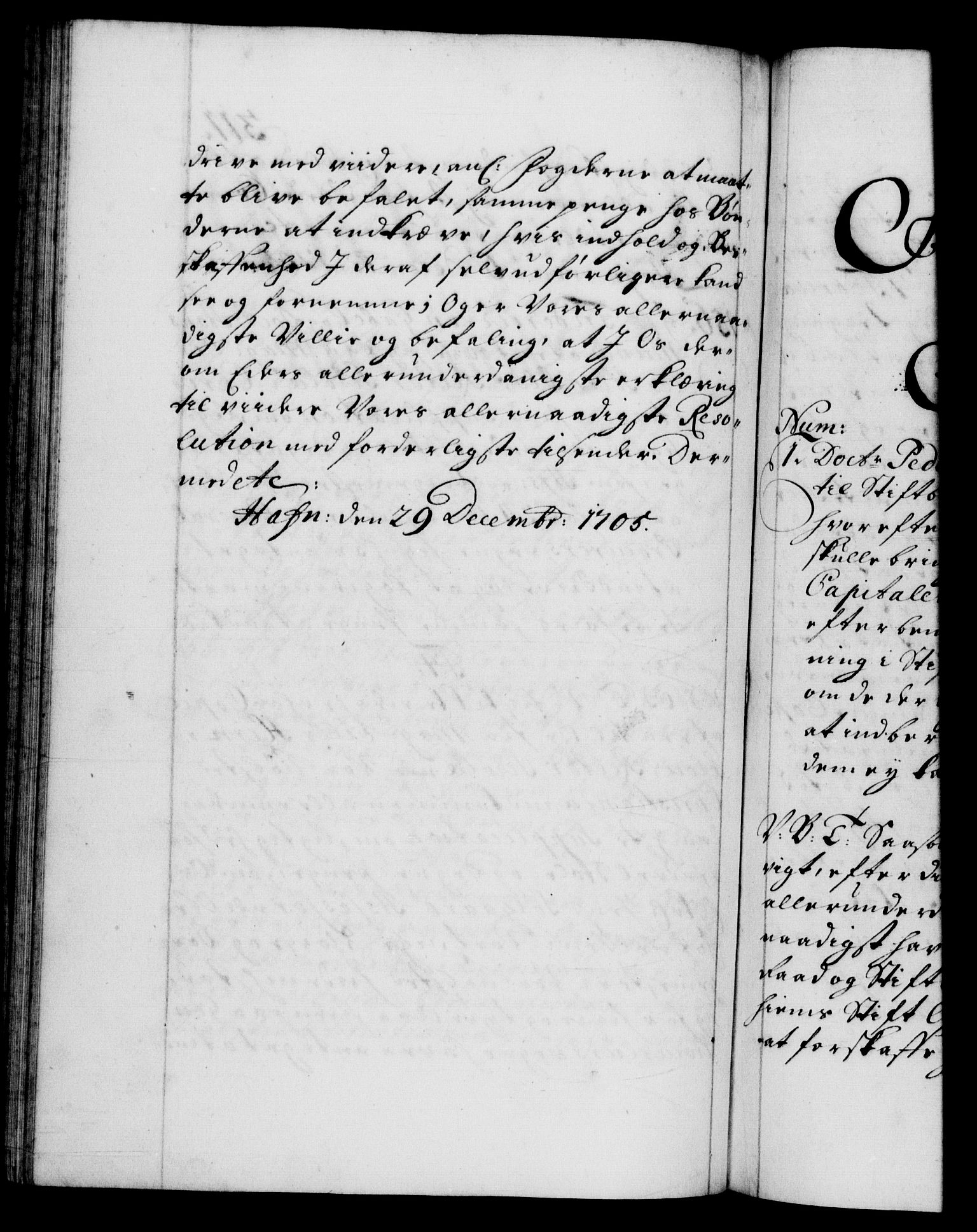Danske Kanselli 1572-1799, AV/RA-EA-3023/F/Fc/Fca/Fcab/L0017: Norske tegnelser, 1704-1706, p. 311b