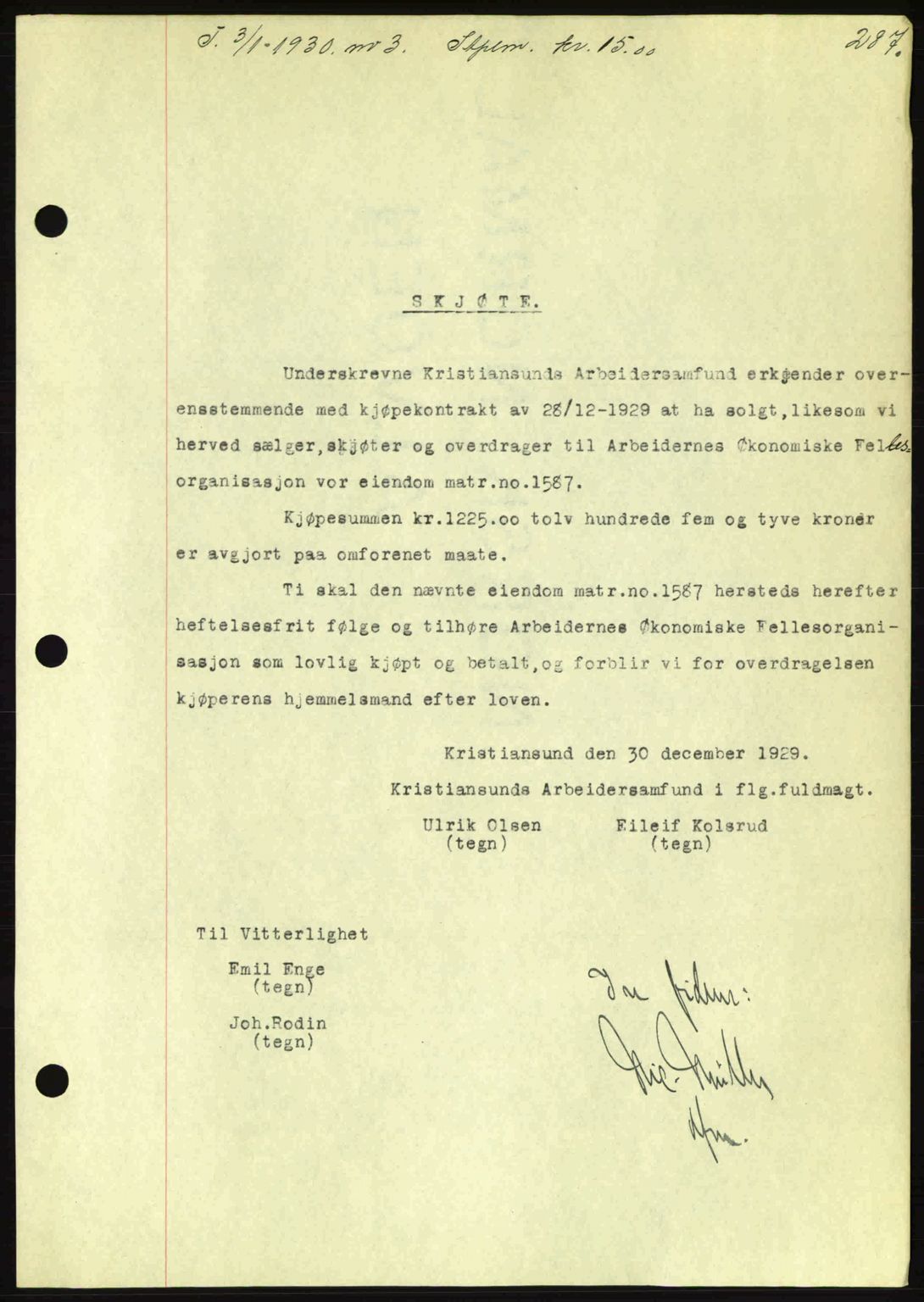 Kristiansund byfogd, AV/SAT-A-4587/A/27: Mortgage book no. 23, 1929-1930, Deed date: 03.01.1930