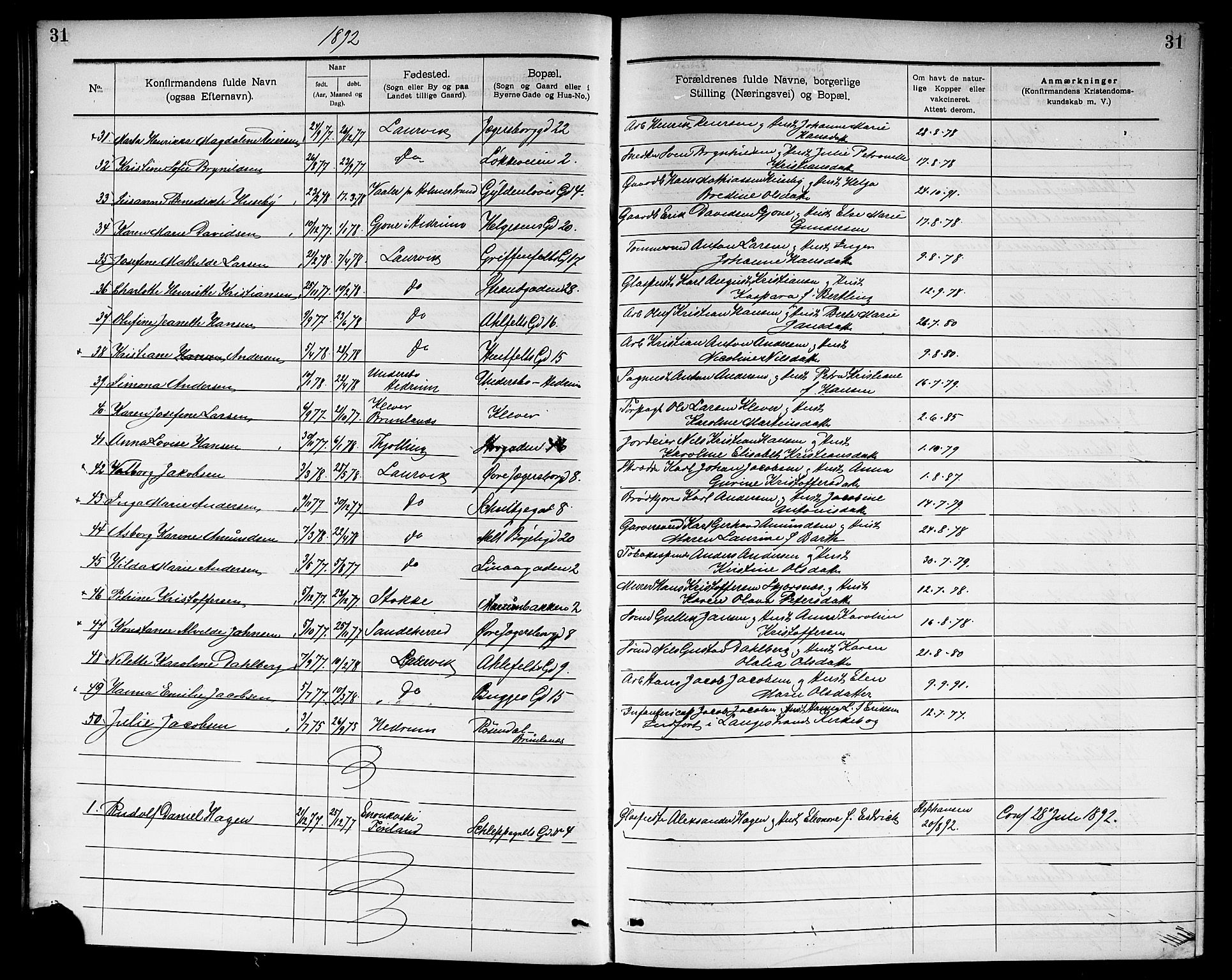 Larvik kirkebøker, SAKO/A-352/G/Ga/L0006: Parish register (copy) no. I 6, 1888-1917, p. 31