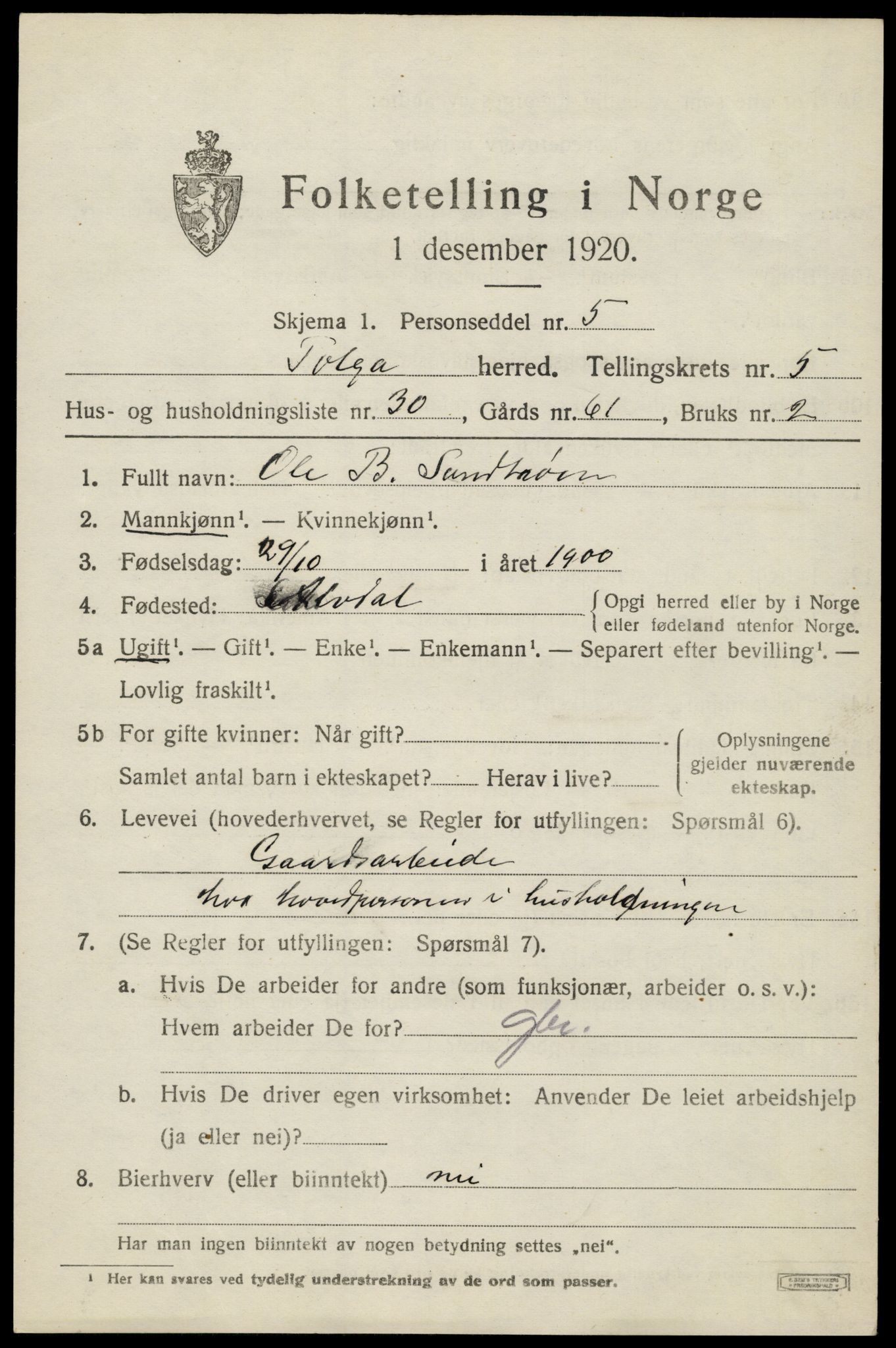 SAH, 1920 census for Tolga, 1920, p. 3623