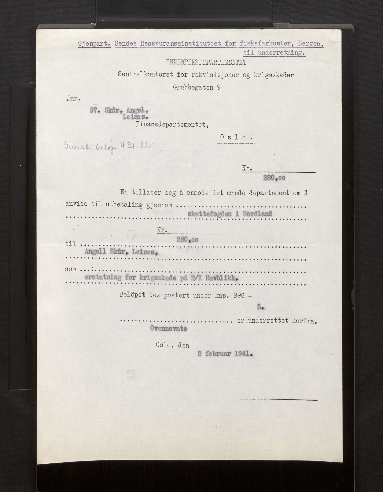 Fiskeridirektoratet - 1 Adm. ledelse - 13 Båtkontoret, AV/SAB-A-2003/La/L0008: Statens krigsforsikring for fiskeflåten, 1936-1971, p. 132