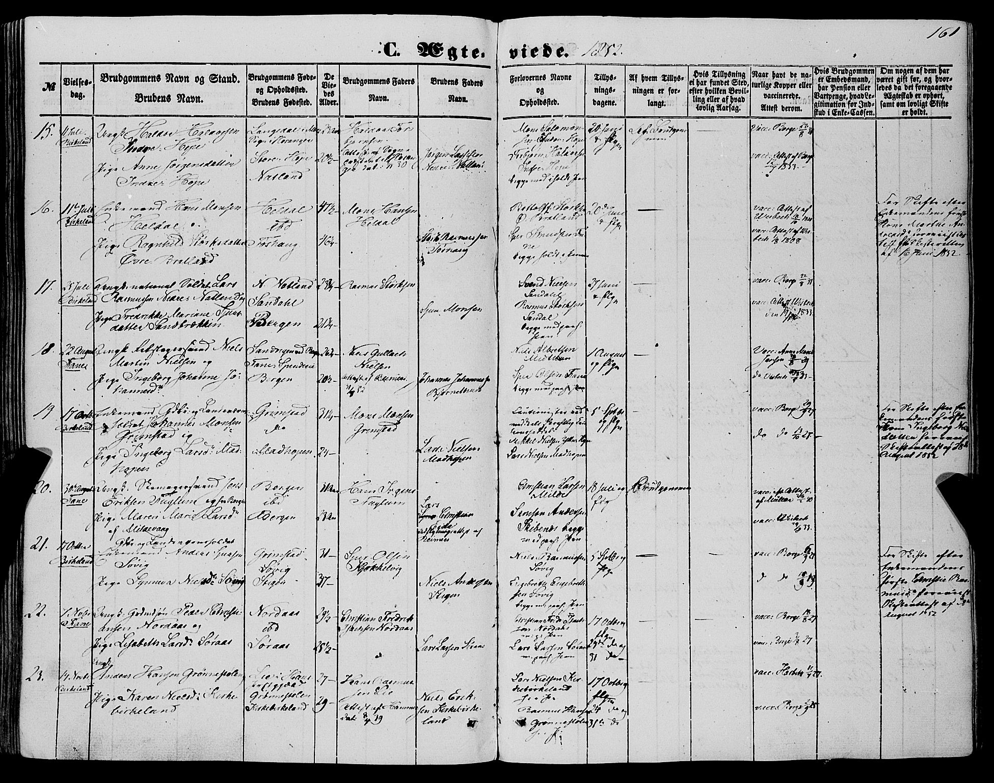 Fana Sokneprestembete, AV/SAB-A-75101/H/Haa/Haaa/L0011: Parish register (official) no. A 11, 1851-1862, p. 161