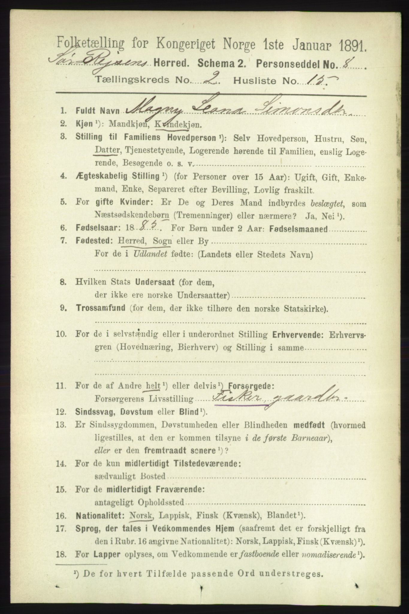 RA, 1891 census for 1925 Sørreisa, 1891, p. 455