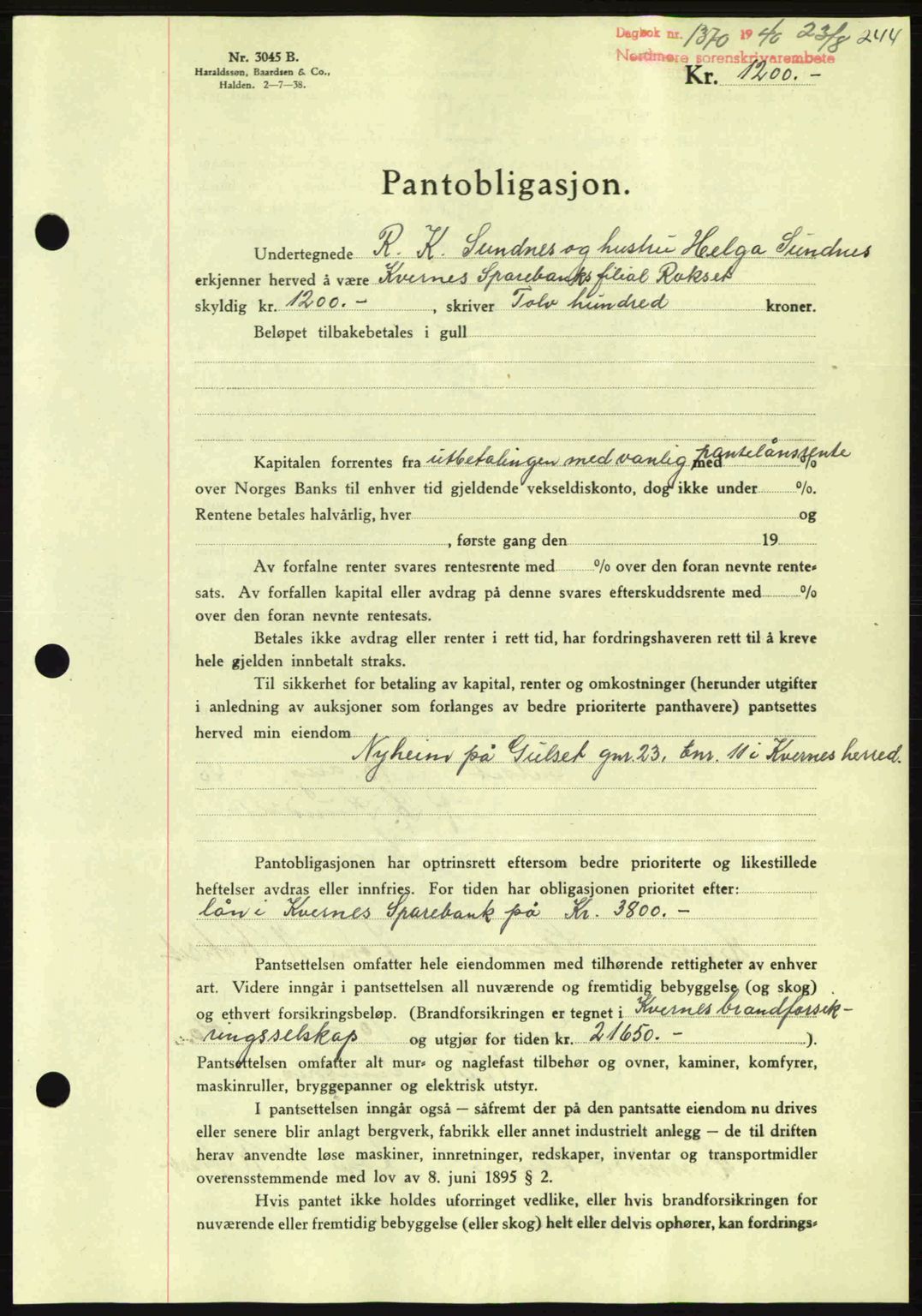 Nordmøre sorenskriveri, AV/SAT-A-4132/1/2/2Ca: Mortgage book no. B87, 1940-1941, Diary no: : 1370/1940