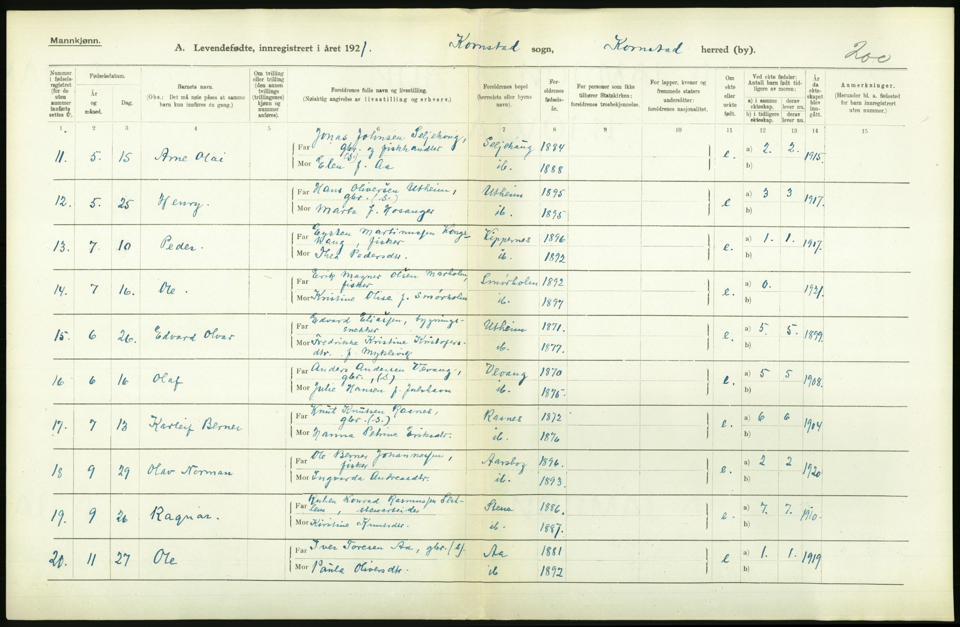 Statistisk sentralbyrå, Sosiodemografiske emner, Befolkning, RA/S-2228/D/Df/Dfc/Dfca/L0040: Møre fylke: Levendefødte menn og kvinner. Bygder., 1921, p. 546