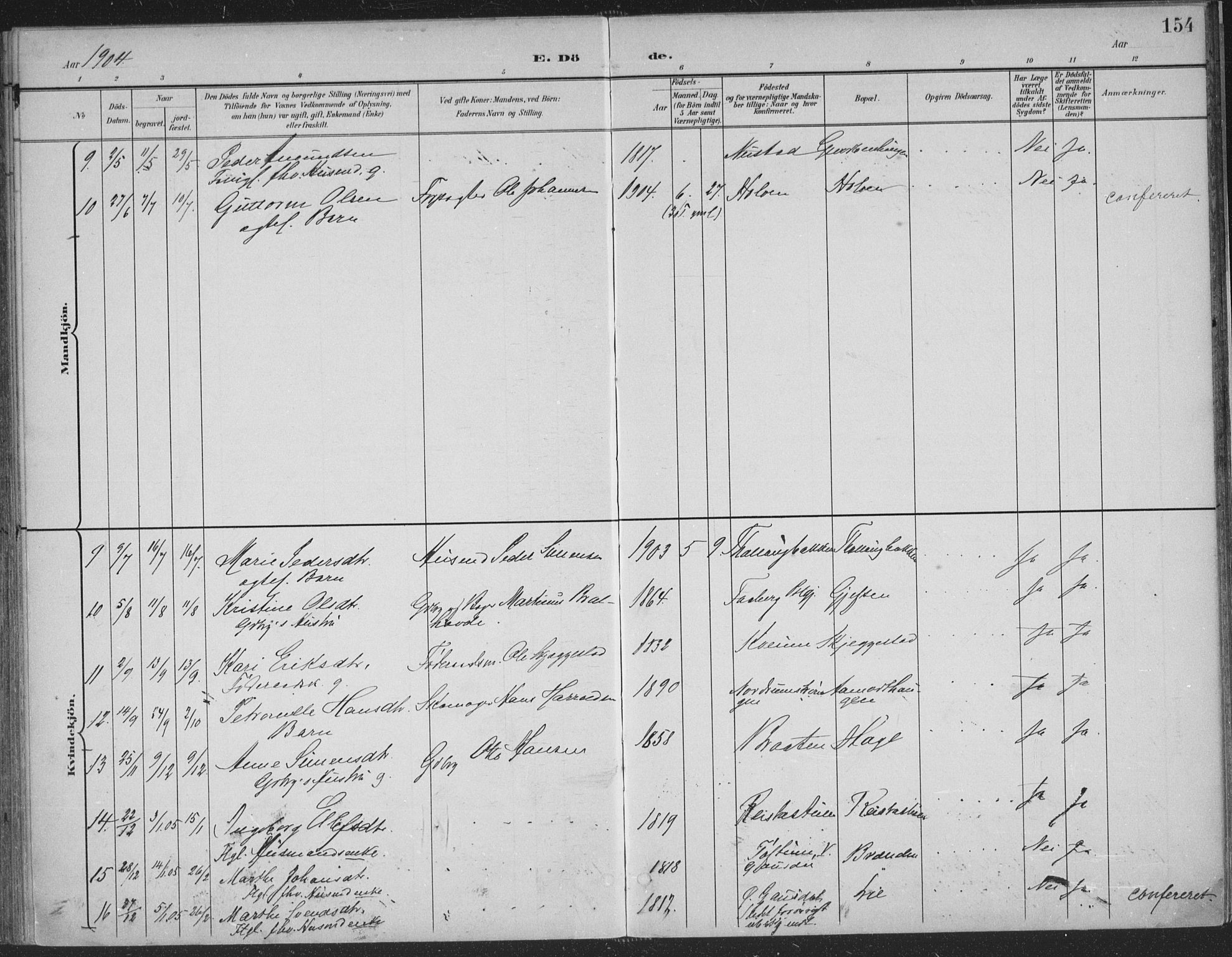 Østre Gausdal prestekontor, SAH/PREST-092/H/Ha/Haa/L0004: Parish register (official) no. 4, 1898-1914, p. 154
